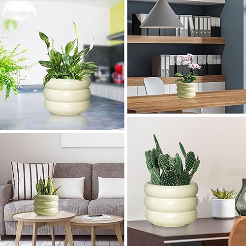 Miniatura 2 de Cusmation Maceta de cerámica bohemia de 5.7 pulgadas, moderna maceta de cerámica verde con agujeros de drenaje, macetas blancas para plantas de