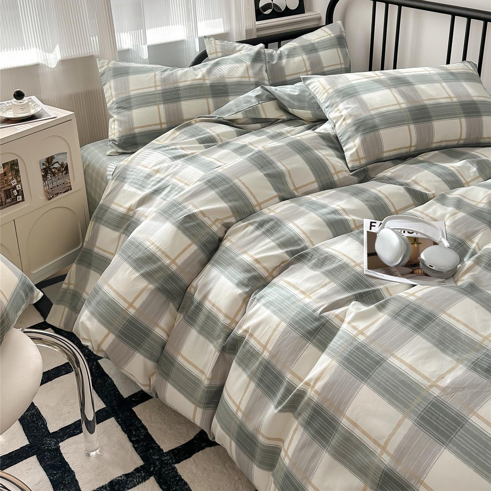 MKXI Vintage Green Plaid Duvet Cover Set with Checkered Design Farmhouse Look Gingham Modern Bedding King Size Classic Rustic Bedroom Collection for All Ages