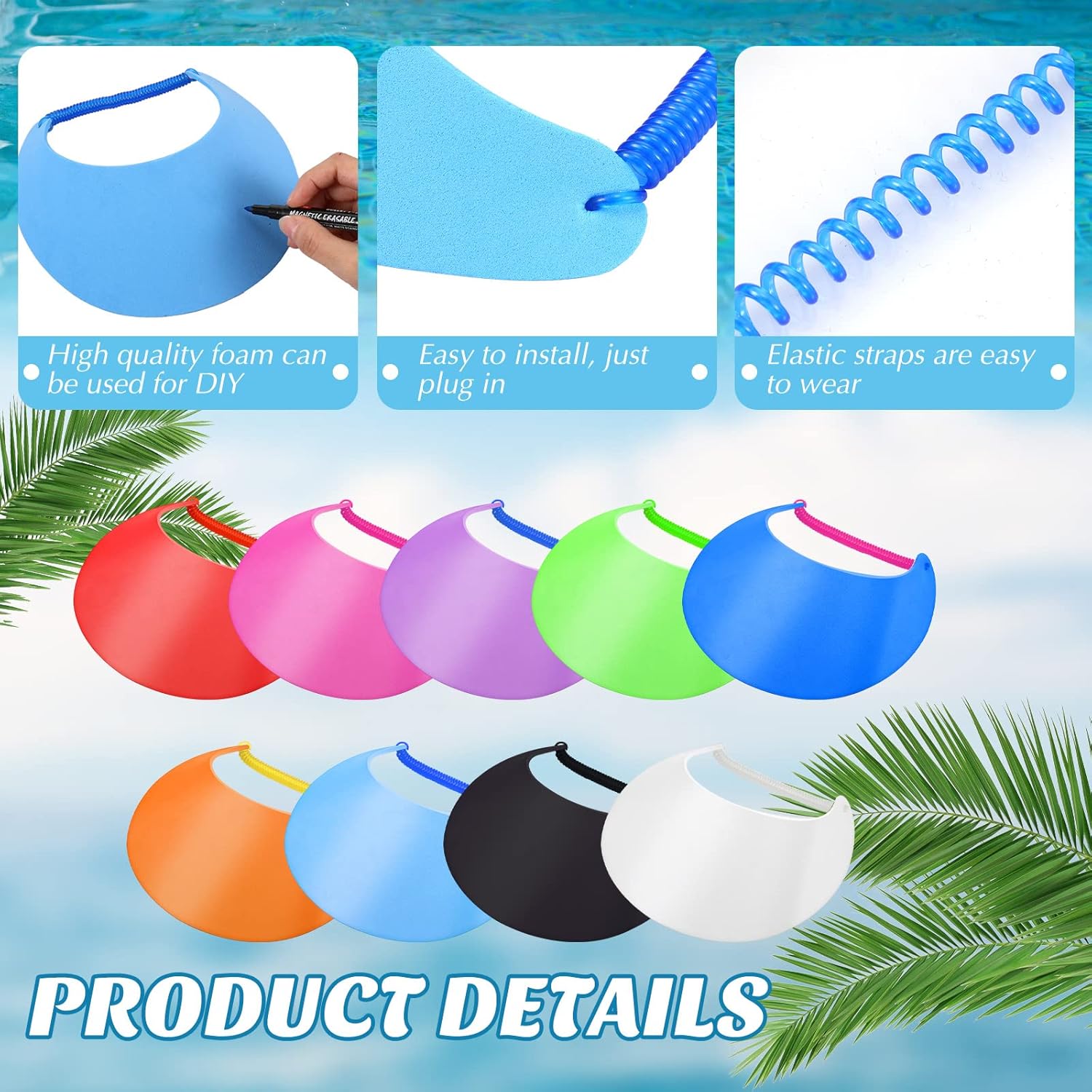 Hanaive 9 Pcs Foam Sun Visors for Women Adjustable Solid Sun Visor Hat with String for Beach, Kids' Arts and Crafts - Image 3