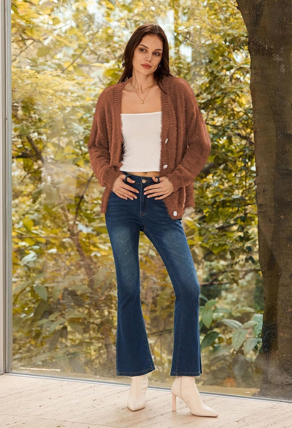 Pink Queen Women's Furry Cropped Cardigan Batwing Sleeves Open Front V-Neck Button Down Loose Casual Knit Sweater Coat - Image 4