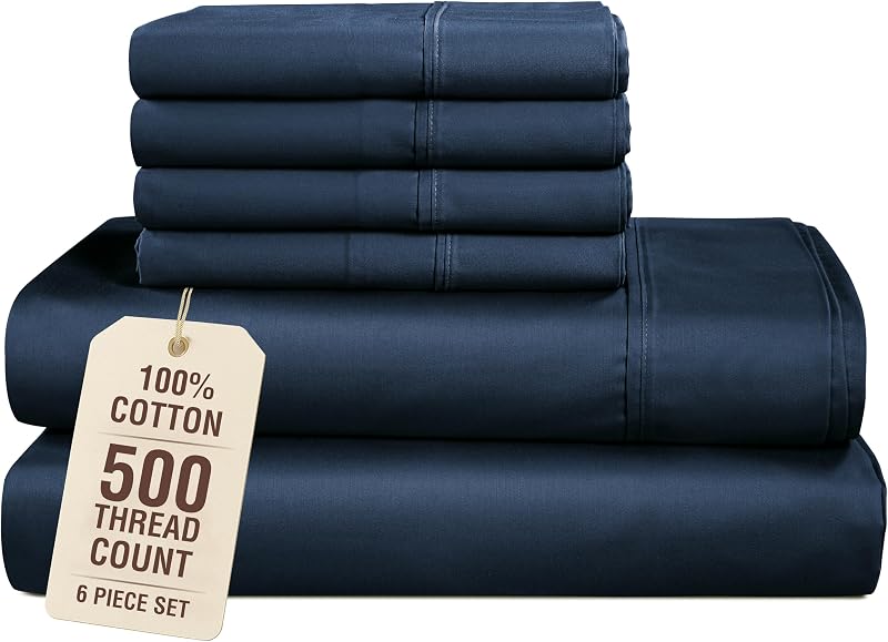 Casa Platino 100% Cotton King Size Sheets, 6 Piece Bed Set with 500 Thread Count Silky Smooth Sateen, 15 Inch Deep Pocket Fitted Sheet for Sheets King Size Bed Set, Ideal for Every Day Use – Navy Blue