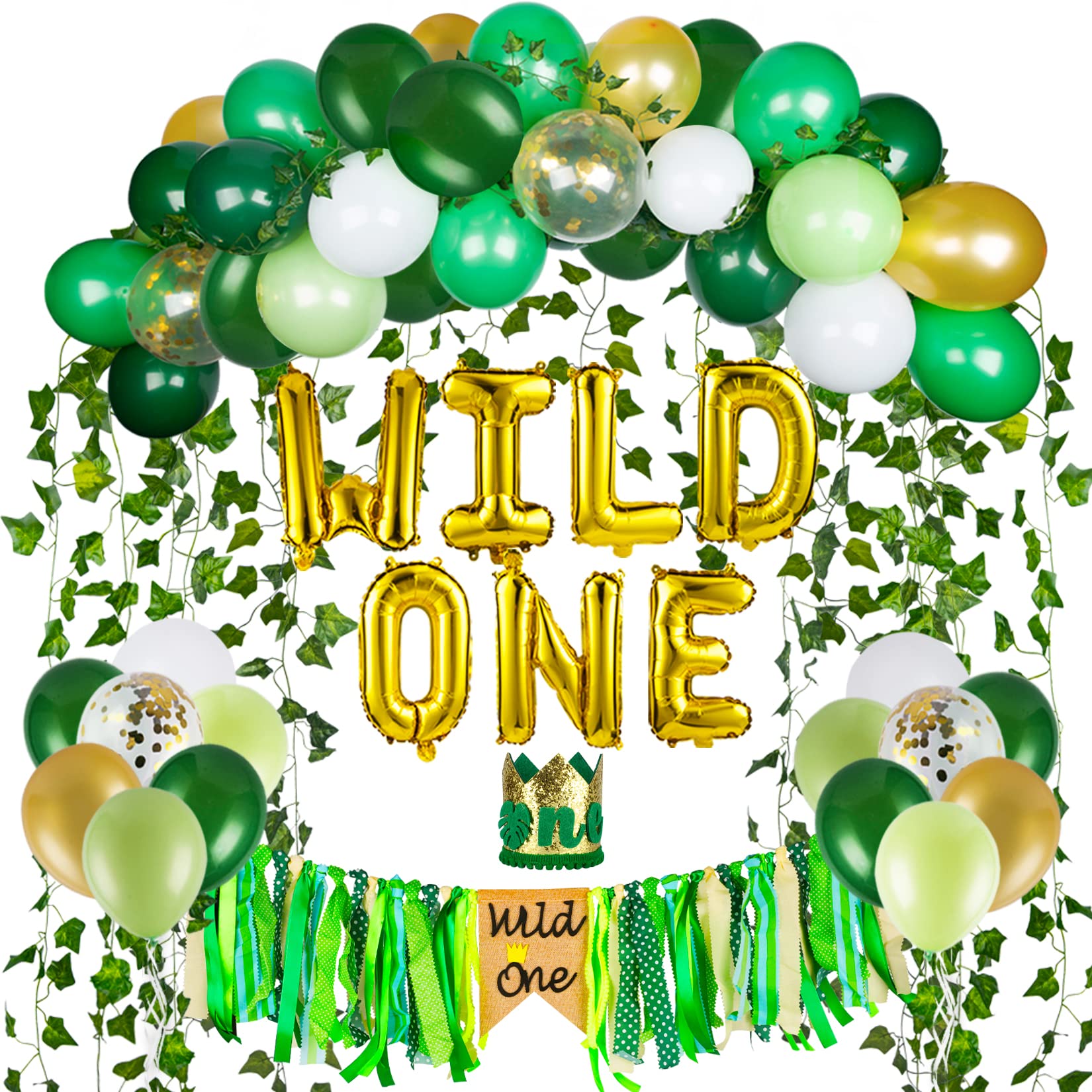 JOYYPOP Wild One Birthday Decorations for Boy with Wild One Balloons, Artificial Ivy, High Chair Banner, Little Crown For Jungle Safari Theme 1st Birthday Decorations