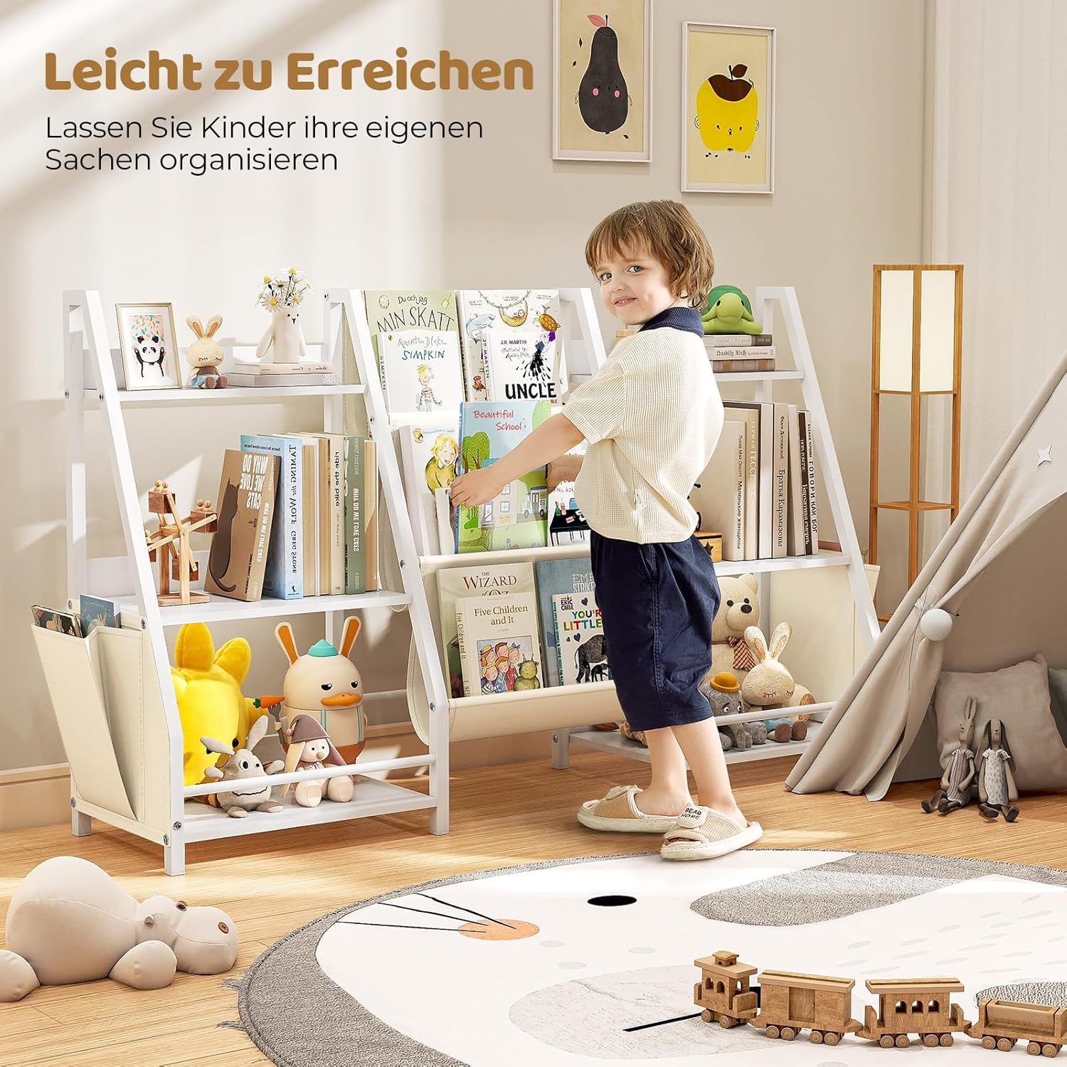 Bücherregal Kinder Mit 6 Fächern und 3 Ablagen | Spielzeugregal in Weiß | 127x72 cm Großes Bücherregal Kinderzimmer zur Aufbewahrung von Bilderbüchern & Spielzeug | Aufbewahrungsregal für Kleinkinder