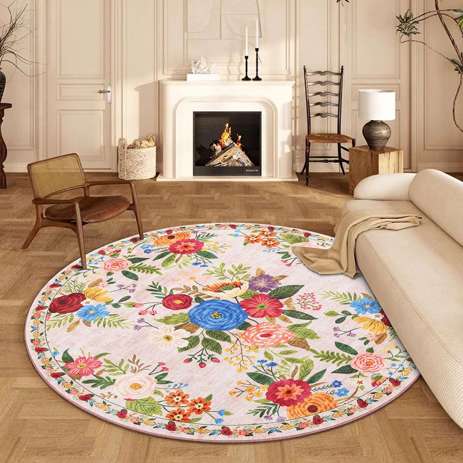 Tapis Rond 120cm Lavable Machine, Moquette Antidérapante Poil Bas Style Boho, Motif Floral Oriental Doux pour Salon, Chambre, Cuisine, Nursery, Bureau