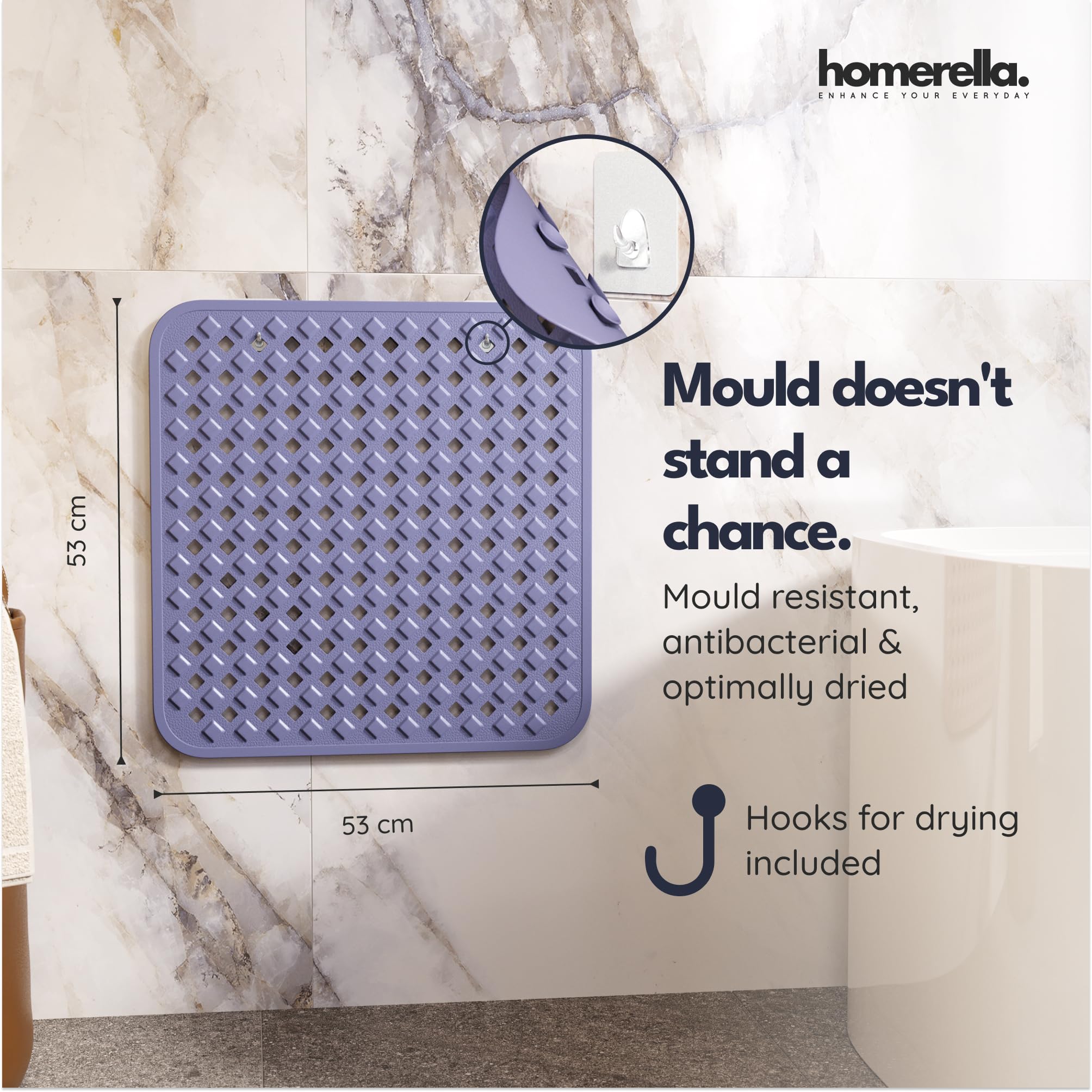 homerella® Shower Mat Non Slip Anti Mould 53 x 53 cm, INCL. Hooks for Drying Bath Mat Non Slip Anti Mould - Image 3