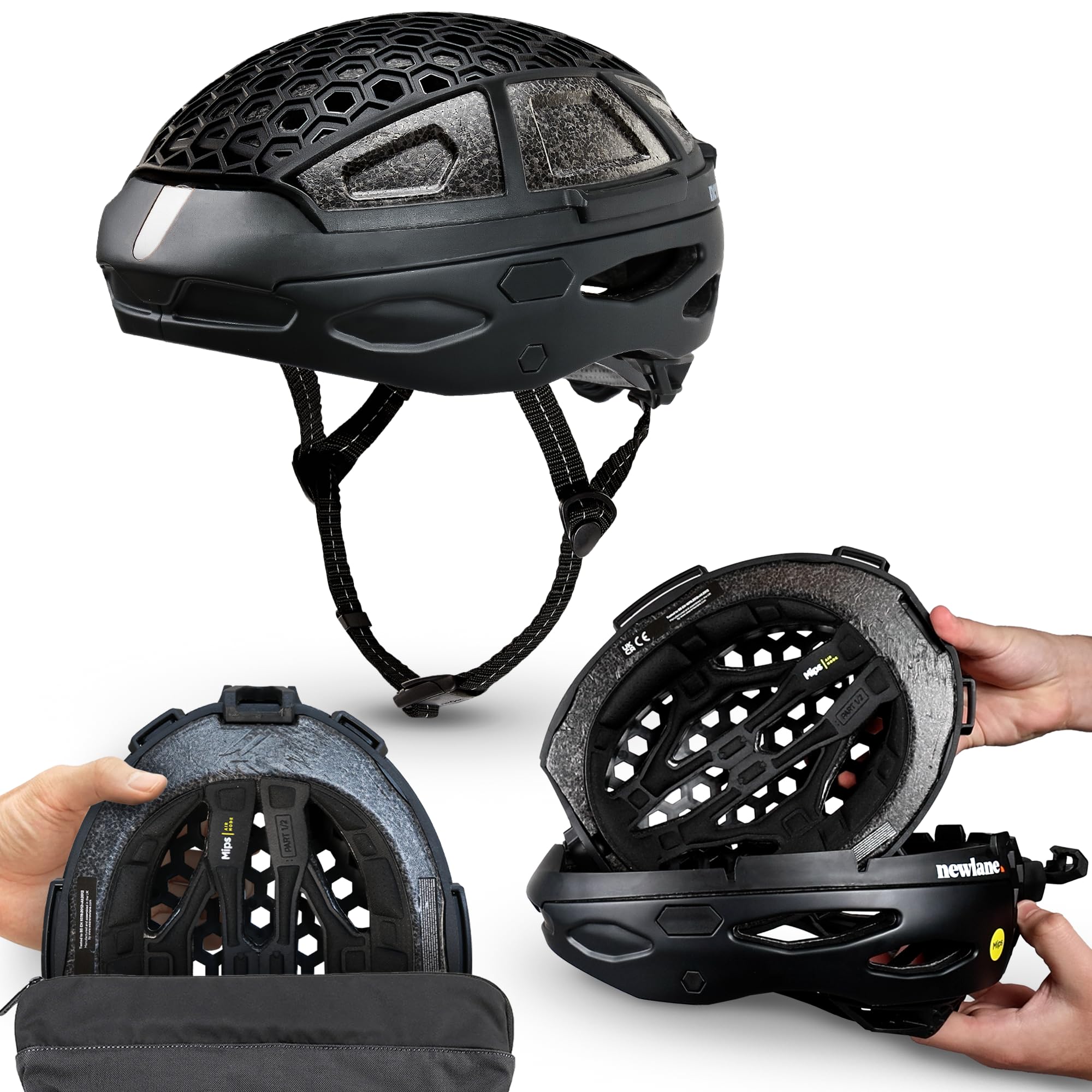 Newlane Casco da bici pieghevole con protezione MIPS (nero con linguetta bianca/M) | Compatto, leggero e certificato di sicurezza | regolabile e traspirante | Casco da bici per uomo e donna