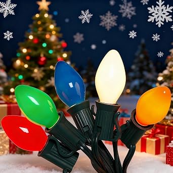 C7 LED Colorful Christmas Lights Outdoor, 25Ft Christmas Decorations String Lights with 27 LED C7 Ceramic Multicolor Bulbs, Hanging Vintage Christmas Lights for House Roofline Tree Patio Yard Party