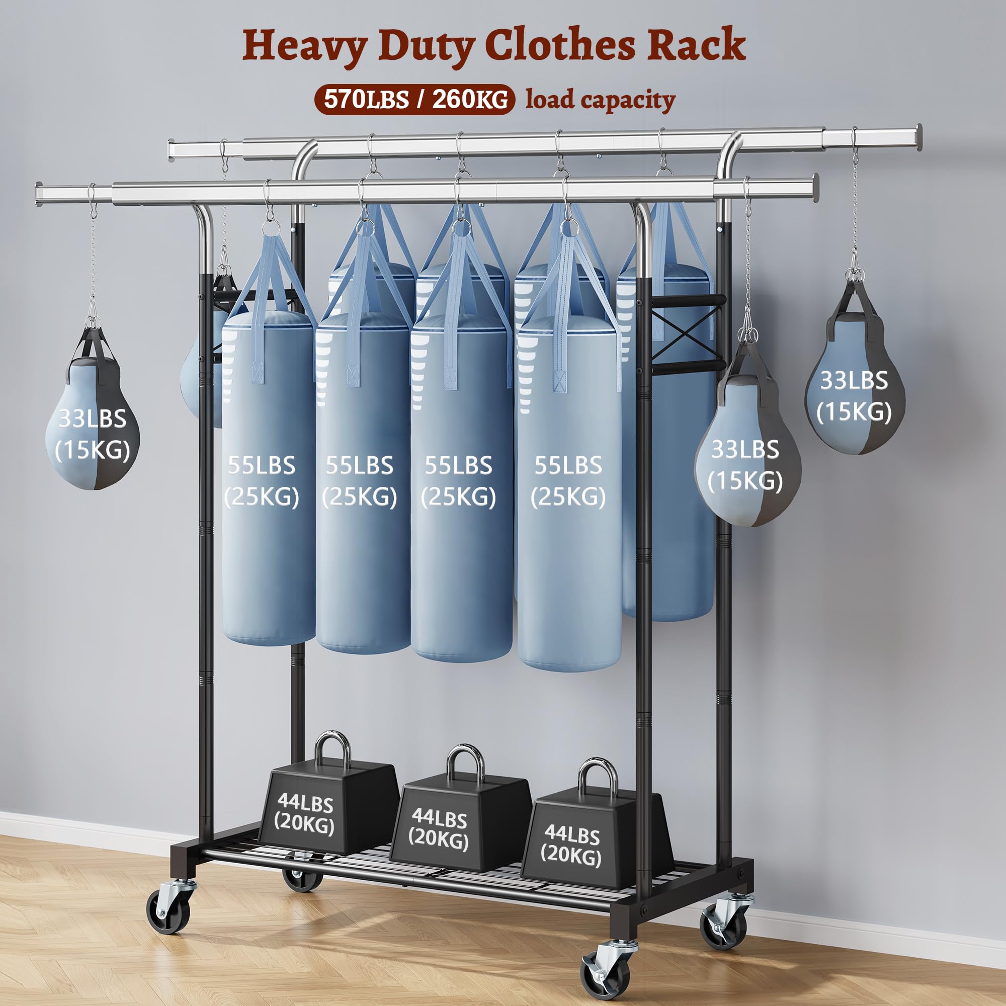 FAVOOSTY Burro ropa con ruedas y 2 niveles, Perchero móvil y estable, Ajustable perchero metálico, Con capacidad de carga de hasta 90 kg, Negro