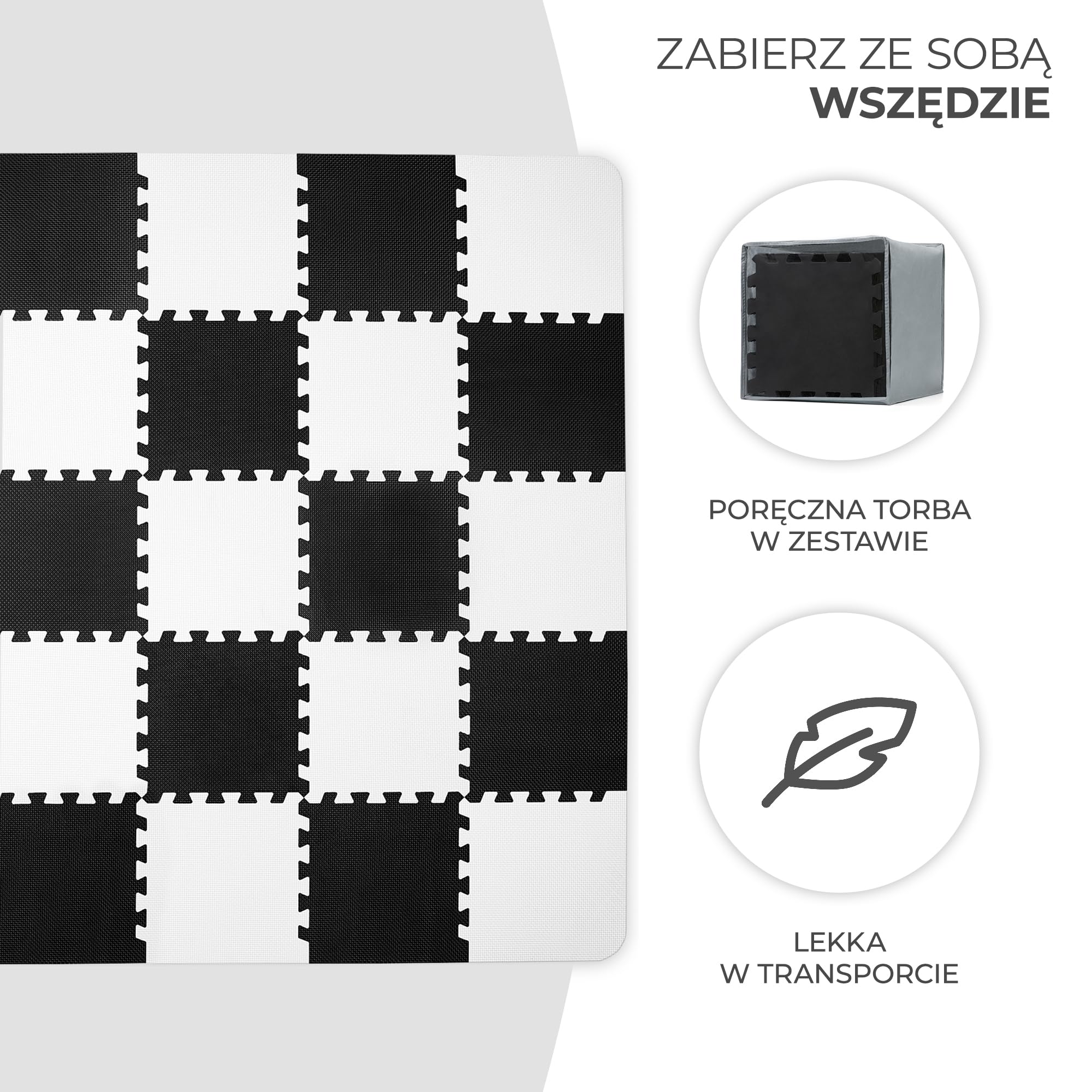 Kinderkraft Mata piankowa LUNO, Wielofunkcyjna, Puzzle 30 elementów, Wodoodporna, Izolacja od podłogi, Antypoślizgowa powierzchnia, Łatwe czyszczenie, Torba do transportu w zestawie, Czarno Biały