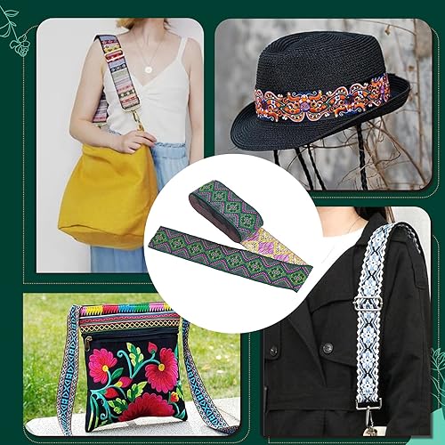 Miniatura 7 de FINGERINSPIRE Cintas de bordado étnico de 7.7 yardas, 2 pulgadas, 2.008 in, color verde oscuro, con flores y patrón geométrico, ribete de tela