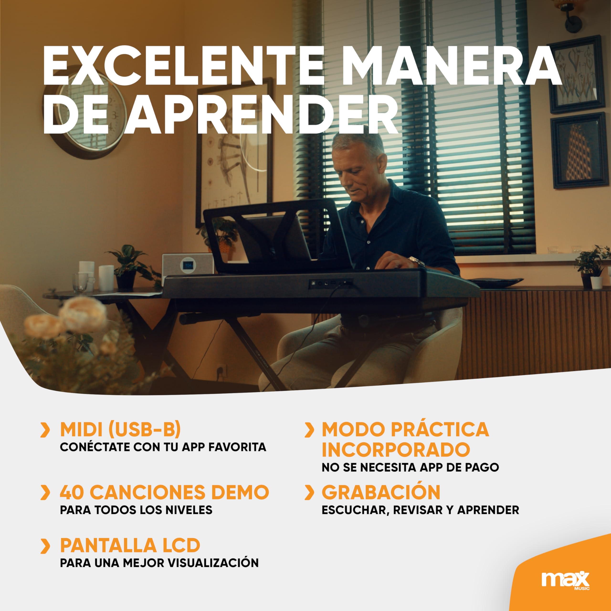 MAX Rhapsody61P - Teclado Piano eléctrico de 61 teclas sensibles, función de aprendizaje, altavoces, pantalla, 50 canciones de demo, para principiantes y profesionales, 300 sonidos, 8 percusiones