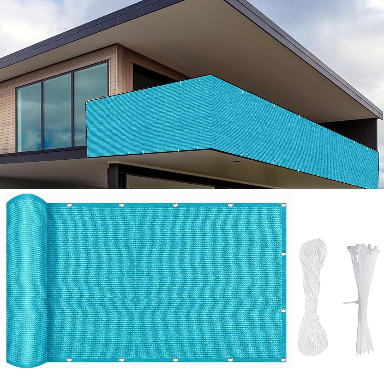 Błękitny ogród 750 x 180 cm - ochrona przed promieniowaniem UV i wiatrem, odporne na rozdarcie, ogrodzenie na balkon i taras, rozwiązanie przeciwwiatrowe na zewnątrz