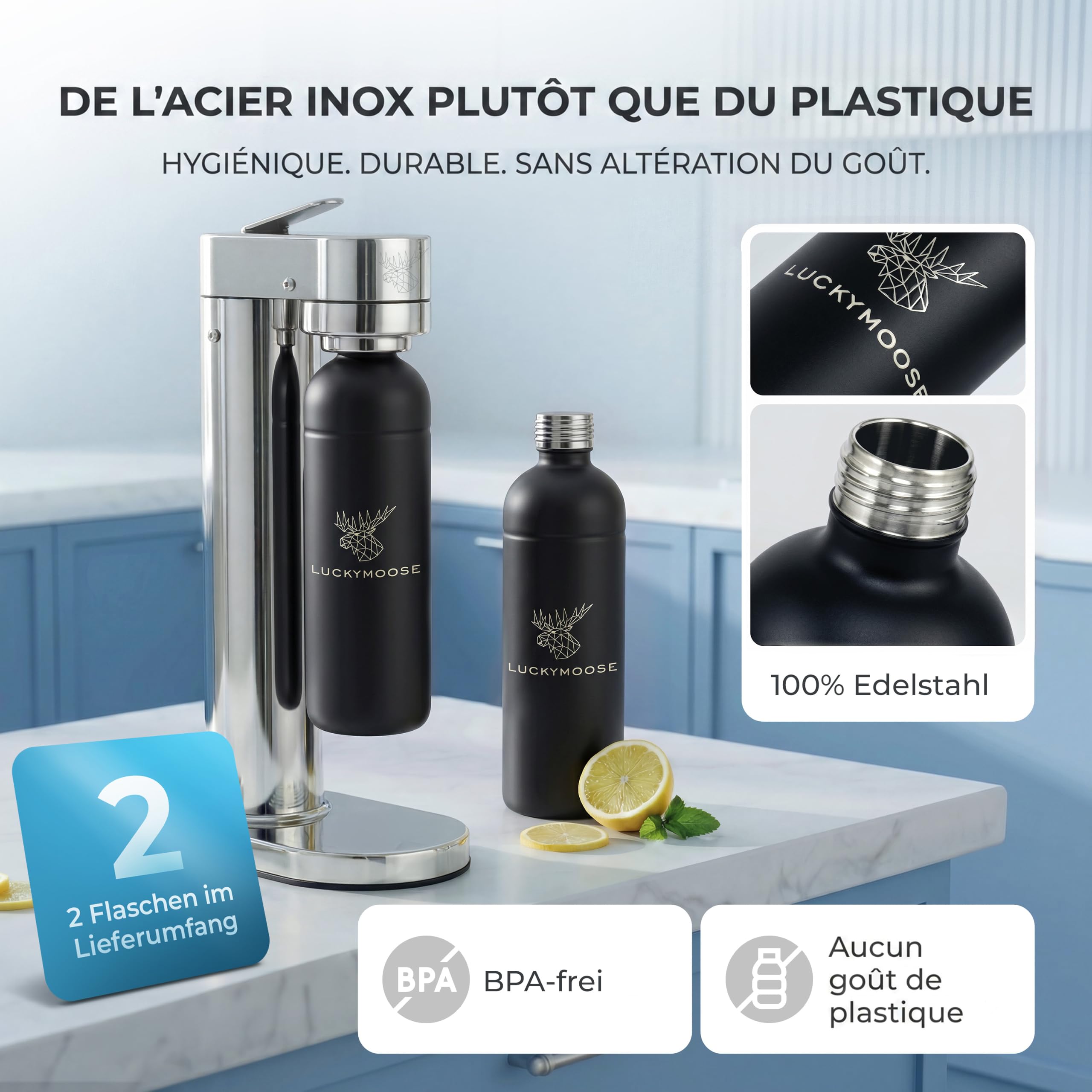 Luckymoose Infinity-S Machine à eau pétillante en acier inoxydable (Silver and Black) – Incl. 2x bouteilles 1,25L en inox – Machine a soda et eau gazeuse Maison & Cuisine & Design Compact