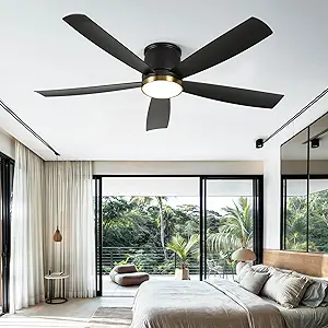DWVO 52 Inch Ceiling Fans with Lights, Flush Mount Ceiling Fan with Remote Control, 3CCT Dimmable LED, Quiet Reversible DC Motor, 6 Speeds, 5 Blades Ceiling Fan for Bedroom, Living Room, Dining Room