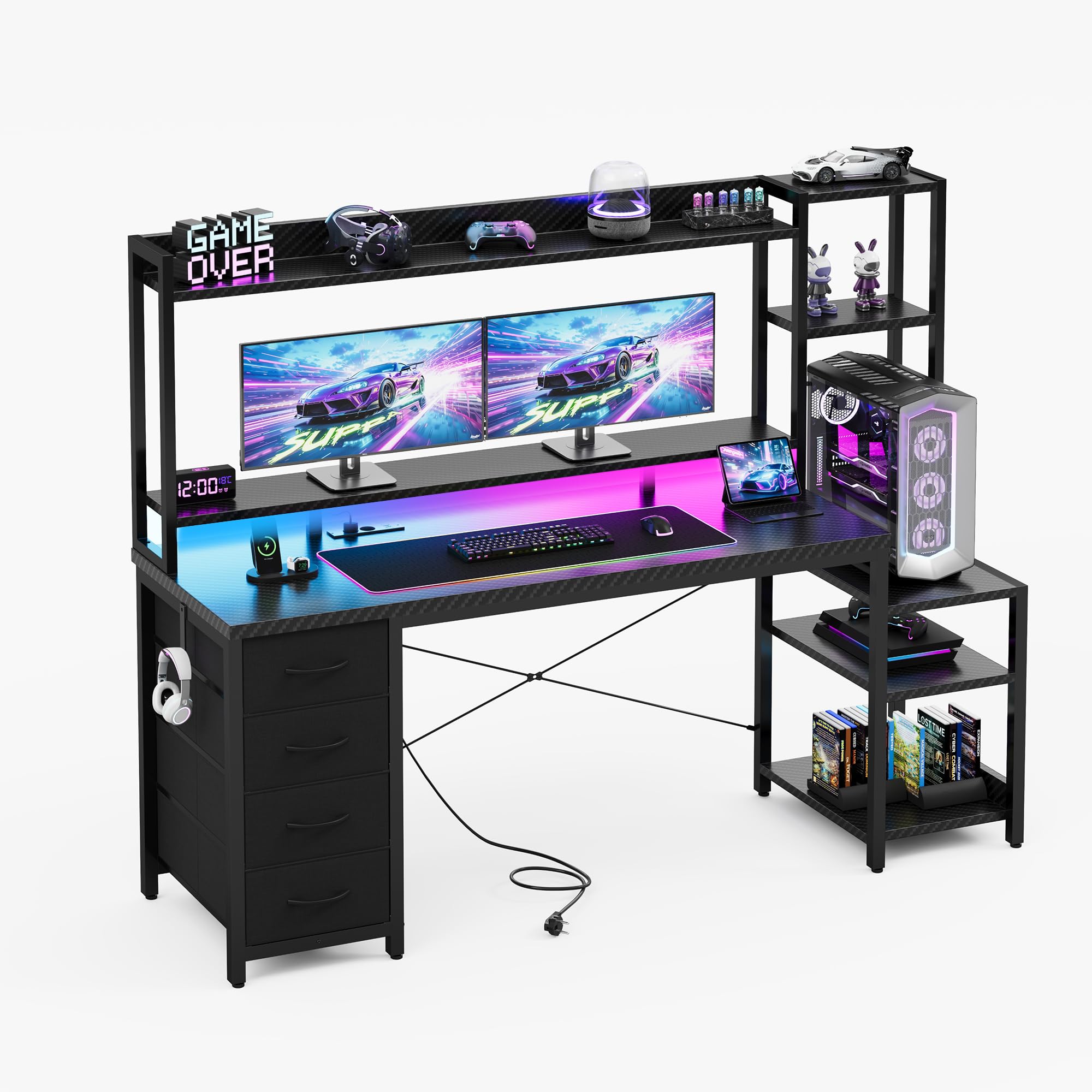 YOUDENOVA Scrivania da gioco con cassetti e ripiano, 150 x 48 cm, tavolo da gaming con LED, presa e USB, scrivania per computer con supporto per monitor, ripiani e supporto per cuffie, fibra di