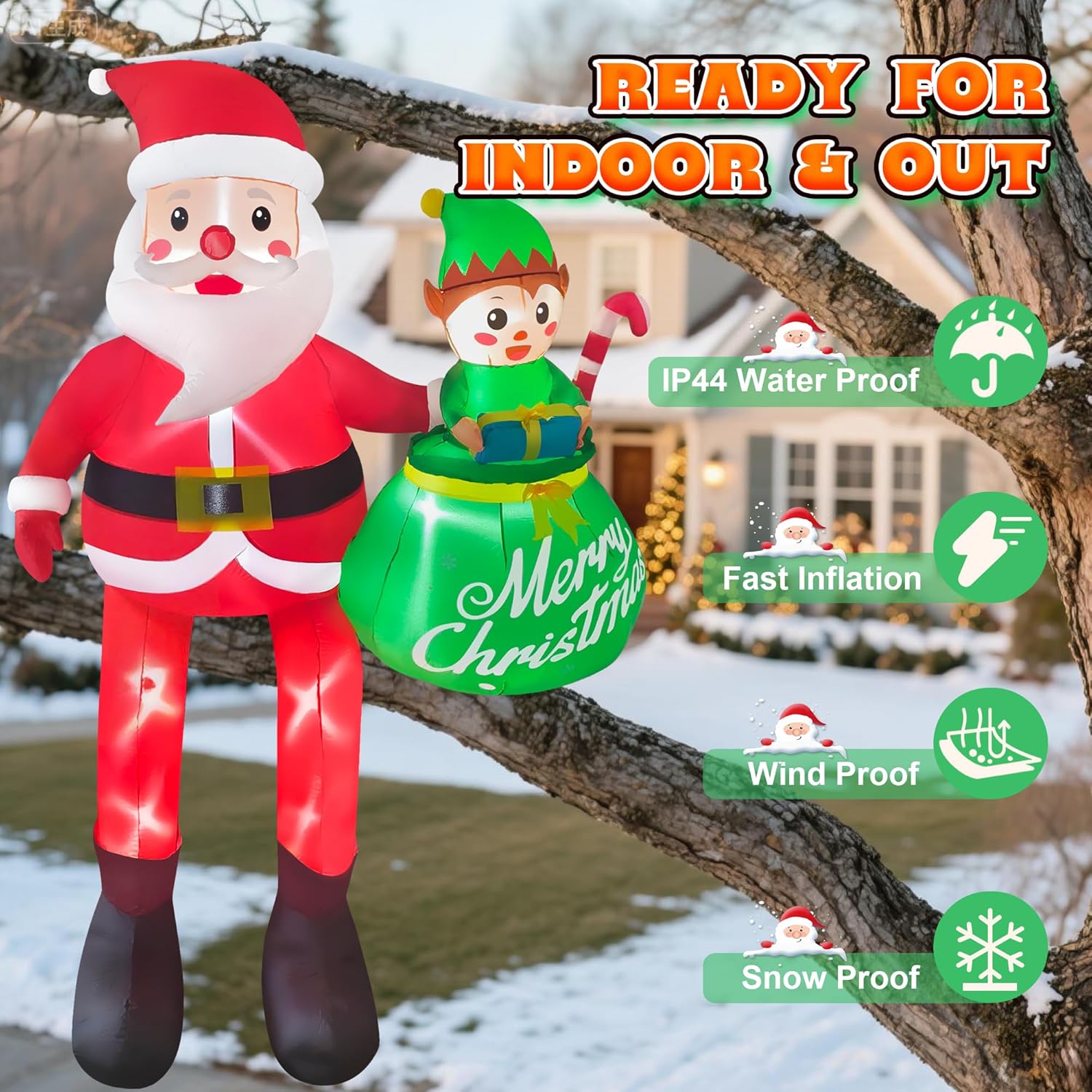 10FT Christmas Inflatable Santa Claus Outdoor Decorations, Climbing Santa Inflatable Yard Decor with Elf & Built-in LEDs, Giant Christmas Blow up Decorations for Roof Balcony Plaza Street