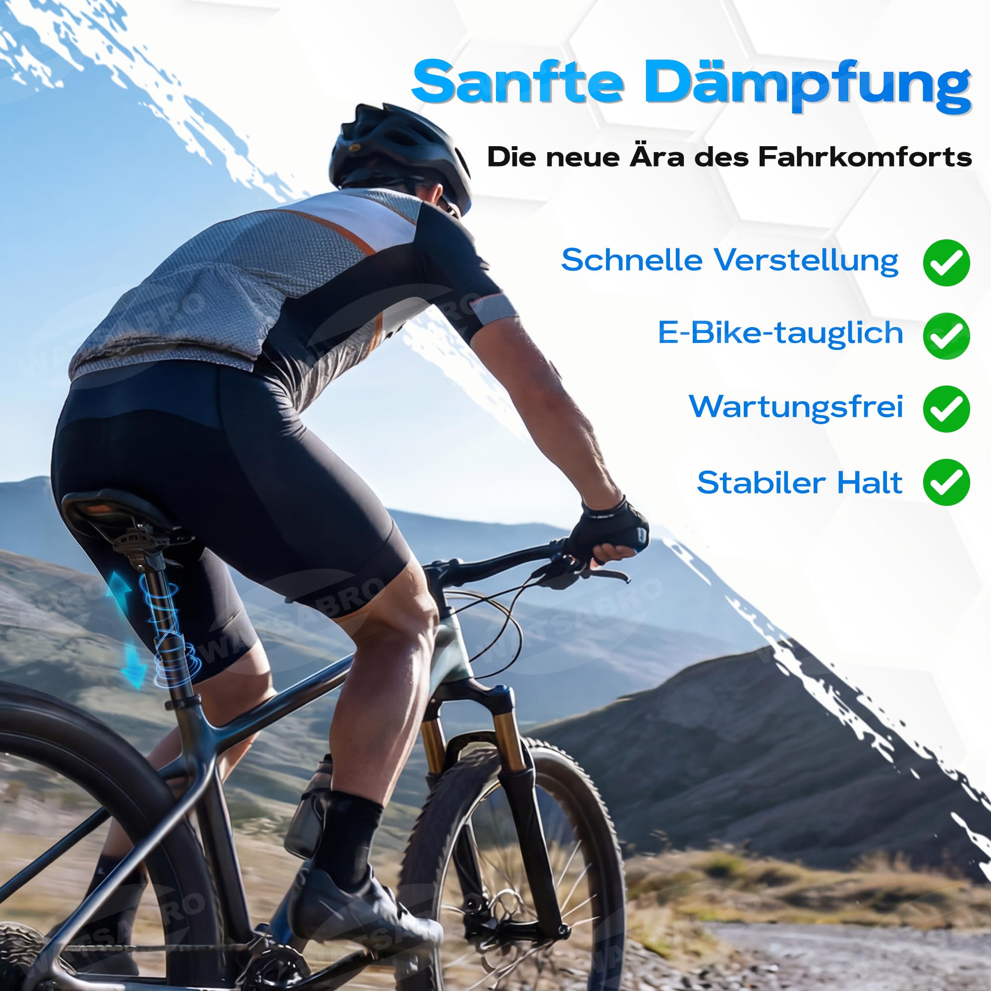 WATSABRO Sattelstütze Gefedert mit Hydraulik-Dämpfung | Hydraulische Sattelstütze Absenkbar für MTB, E-Bike, Rennrad | Ø 27.2 / 30.9 / 31,6 mm inkl. 2 Reduzierhülsen | Belastbar bis 130 kg