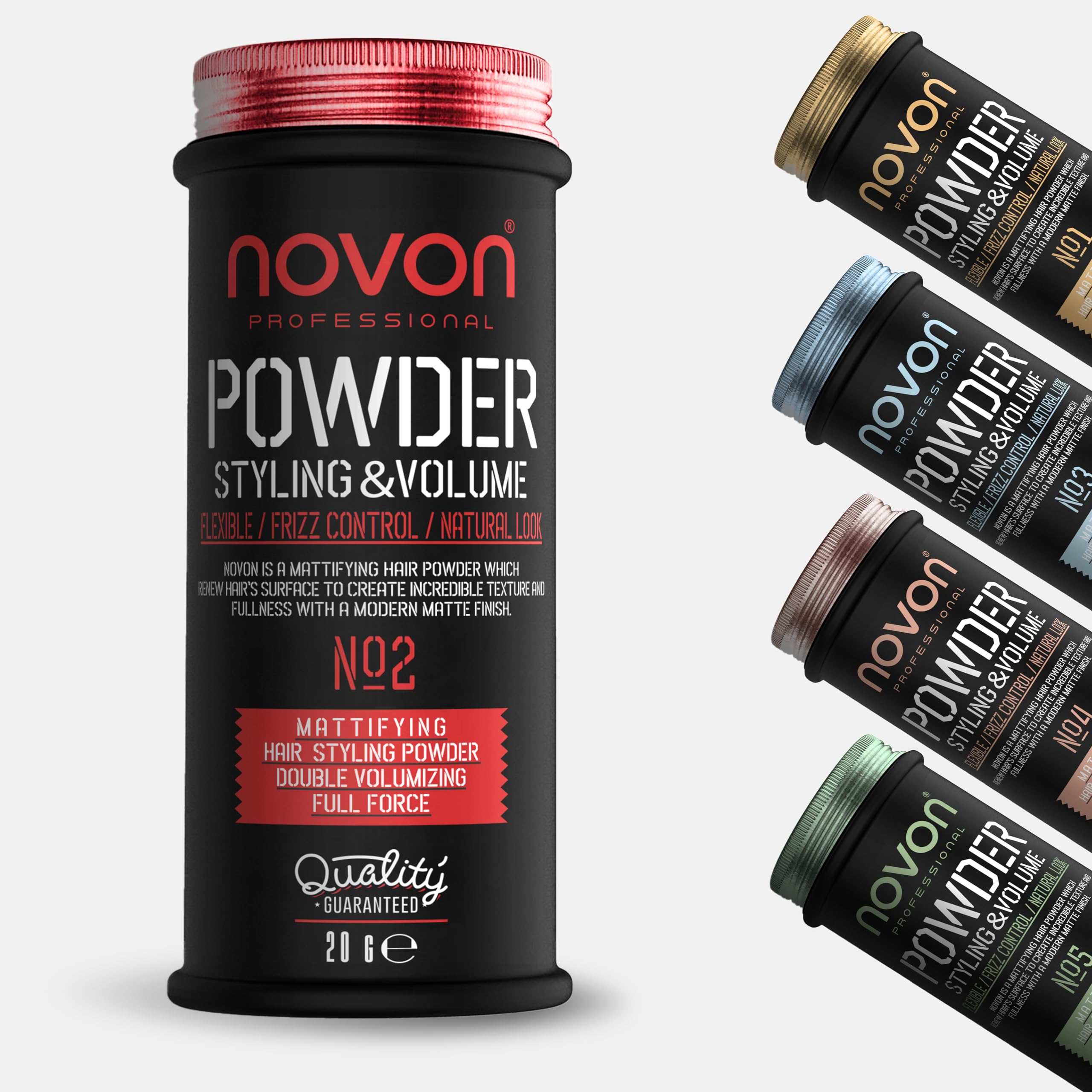 Novon Professional Styling Powder No. 2 | Haarpuder für Volumen und Textur | Für ein mattes Finish ohne Glanz | 20 g Volumenpulver für Männer und Frauen | Einfache Anwendung für flexible Stylings