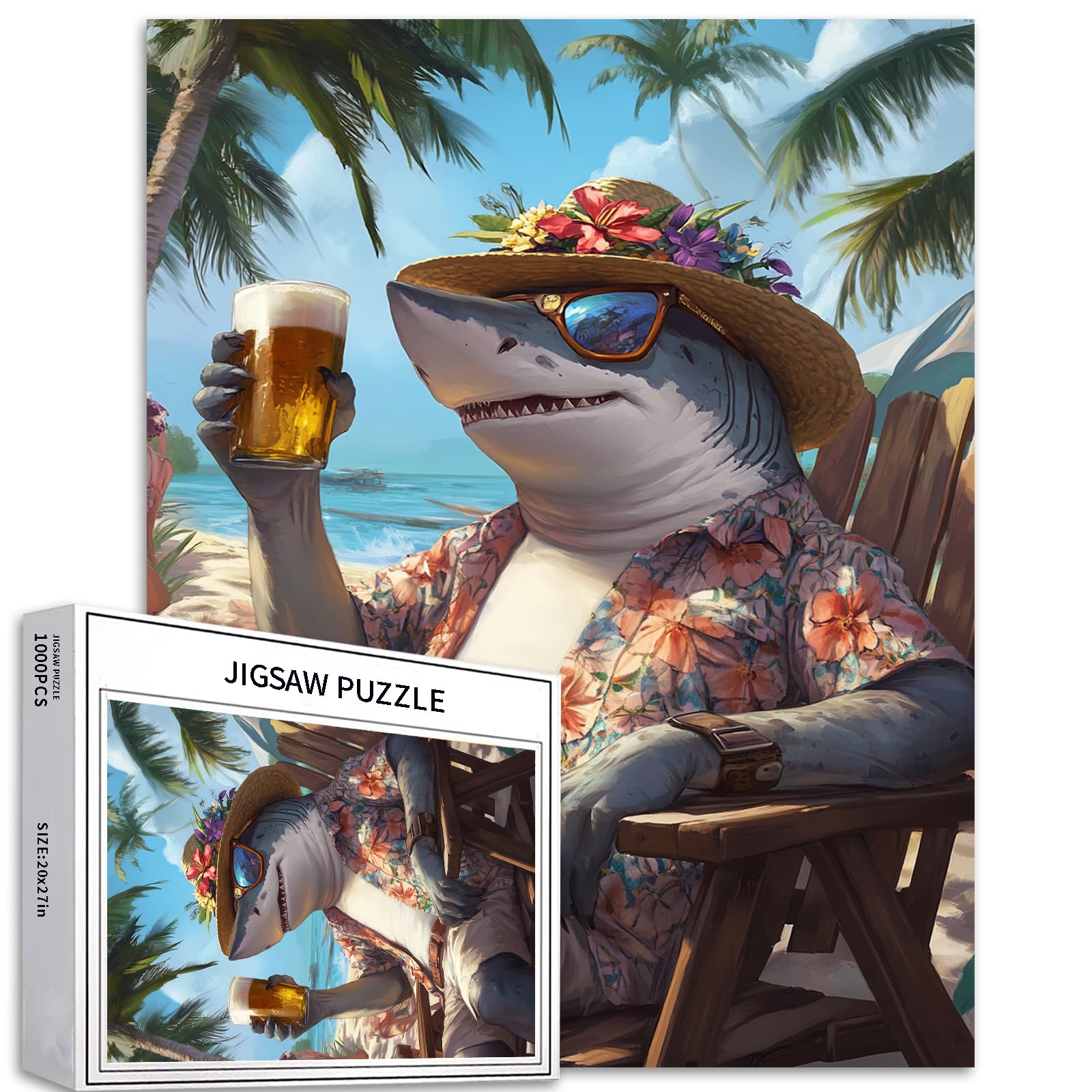 Shark Holding Beer 1000 Piece Jigsaw Puzzles for Adults Hawaiian Style Art Jigsaw Puzzle Colorful DIY Puzzles for Home Decoration Gifts Family Puzzle