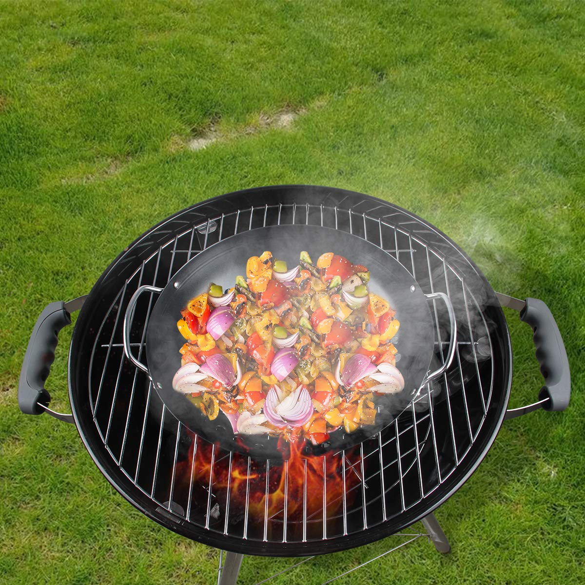 Wok redondo para parrilla con asa para huevos verdes grandes, cesta de verduras, accesorio de barbacoa, herramientas de barbacoa para M/L/XL, accesorios de huevo verde grande para StriFry,