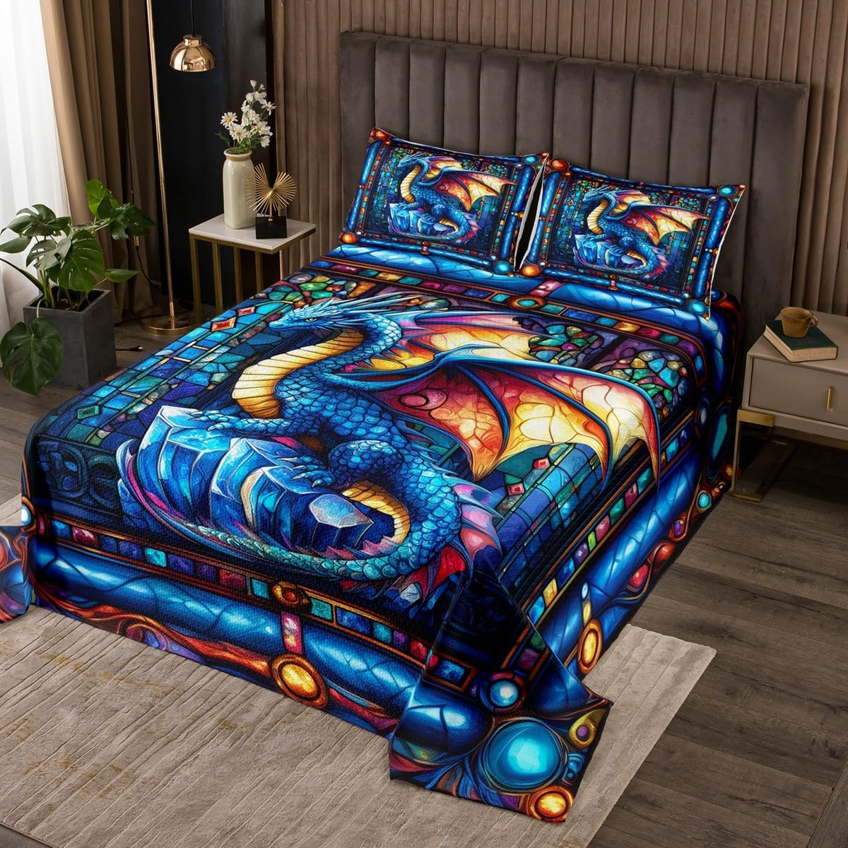 Western Dragon Men Bedspread Queen Size,Blue Flying Glass Dragon Wing Trippy Coverlet Set,Boys Girls Room Decor,Geometric Patchwork Abstract Quilted Coverlet,Gothic Chic Bedding Quilt,2 Pillowcases