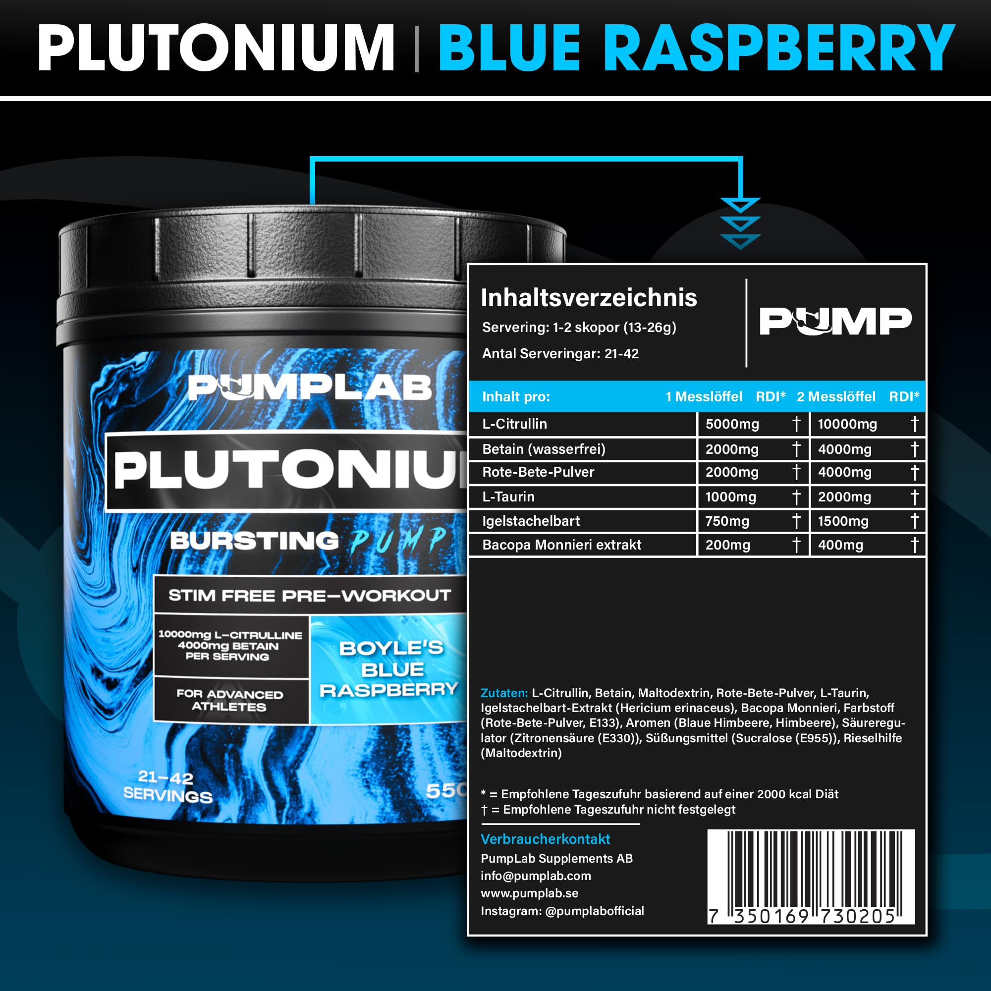 Booster Pre-Workout Plutonium Stimulanzienfrei, 550g Johannisbeere | Ultra Strong Gym Booster mit L-Citrullin, Betain und Rote-Bete-Pulver für Pump und Kraft im Training, hergestellt in Schweden