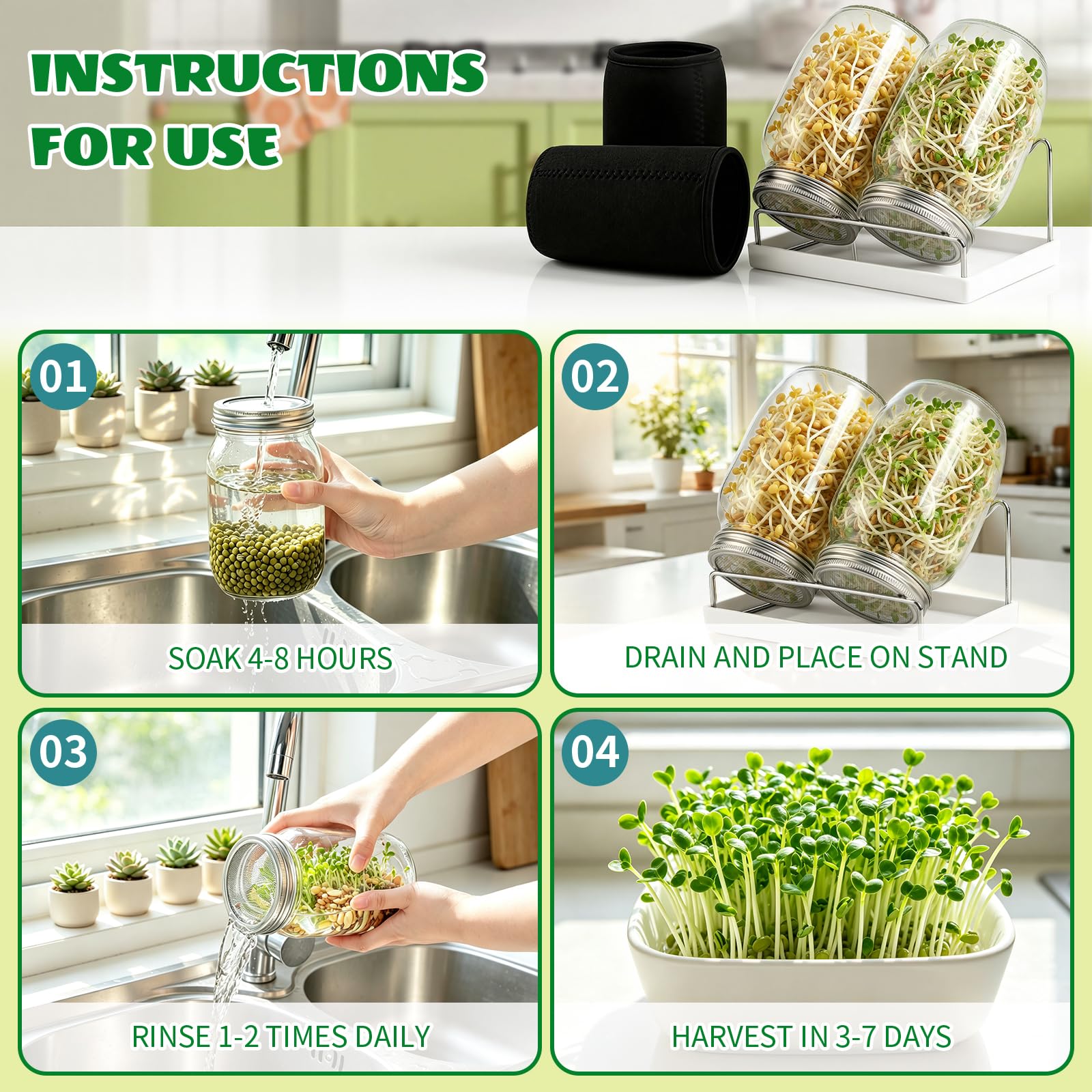 Lot de 4 pots de germination de graines – 4 bocaux Mason à large ouverture avec couvercles en acier inoxydable 316, 2 plateaux d'égouttement et 2 supports, ensemble complet de culture domestique pour