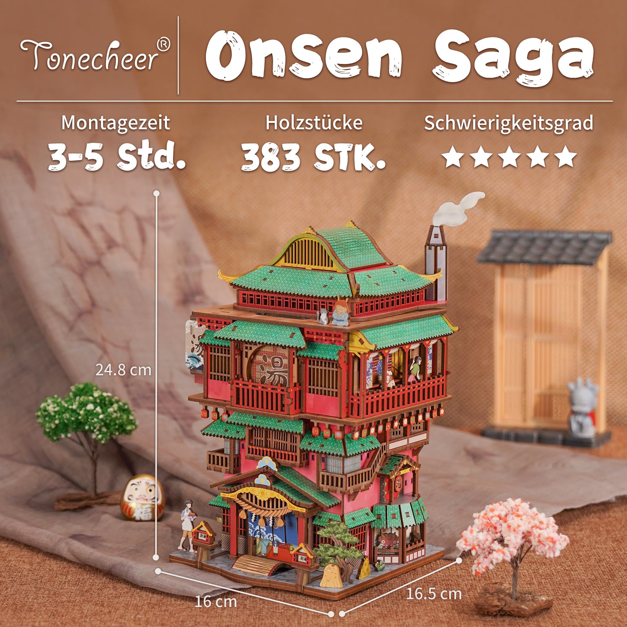 Tonecheer 3D Holz Modell Puzzle DIY Kit Spielzeug für Erwachsene Jugend Kinder Handwerk Luftschiff Auto Deckel Öffnung Desktop Lagerung Haus Geburtstagsgeschenk(Onsen Saga)