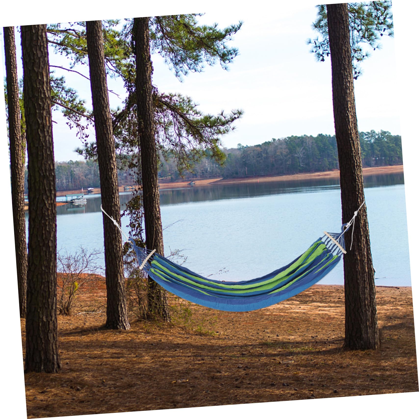 Hamac D'extérieur Anti-roulis Double en Toile Rayée Bleu, Hamac de Jardin Large 2 Places pour Camping, Terrasse et Plage, Léger et Portable, Facile à Installer