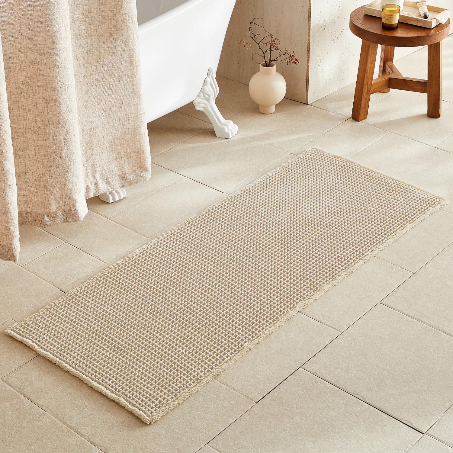TYUU Pale Beige Long Bathroom Rug, Waffle Runner Rug Bathroom Non Slip Washable Super Absorbent Quick Dry Boho Farmhouse Bath Mat, 60''x24'' Pale