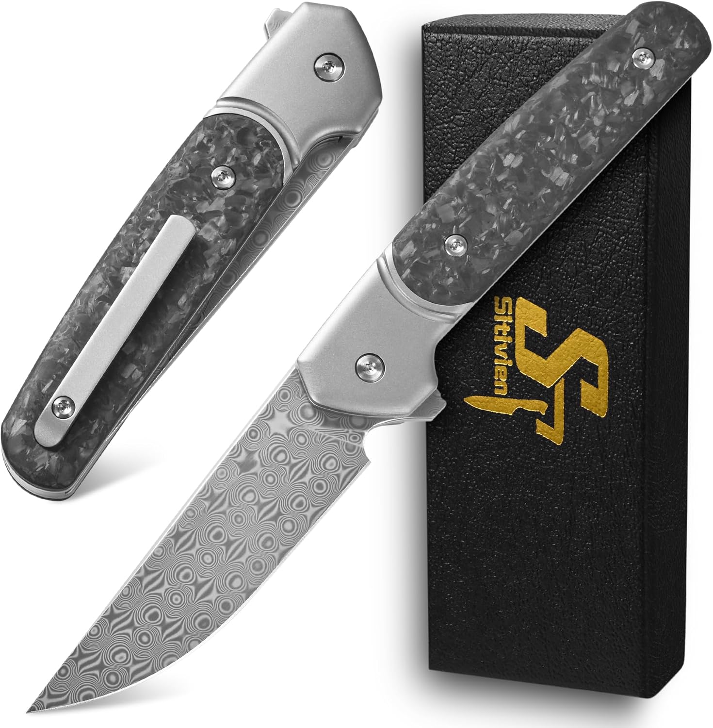 Sitivien ST252 Damascus Steel Folding Knife,Damascus Blade,Titanium Carbon Fiber Handle EDC Knife for Outdoor Camping Hiking(Gray) …