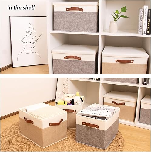 Miniatura 6 de HOdo Home Contenedores de almacenamiento de tela con tapa y 2 asas llamativas, canastas de almacenamiento grandes plegables de lona para