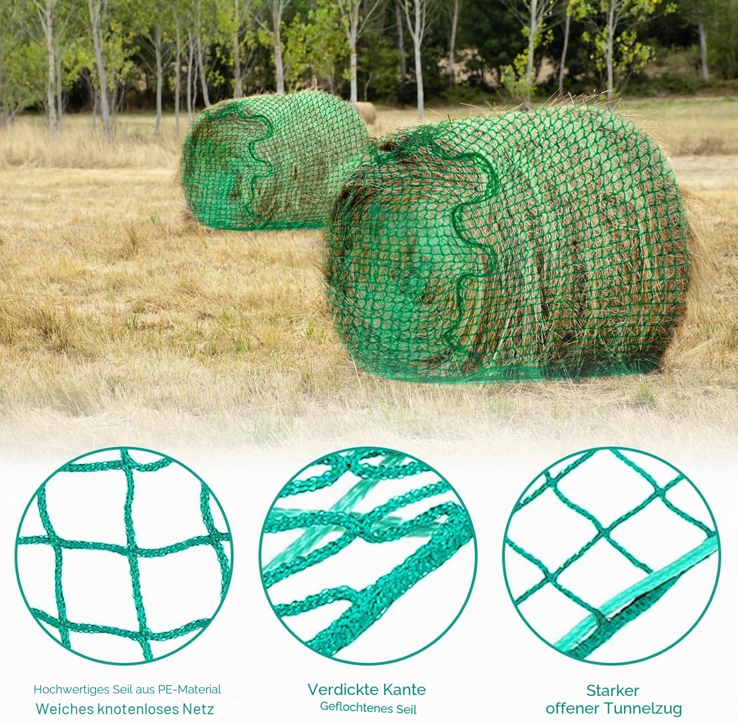 Heunetz für Rundballen, ø 180 cm Heunetz für Pferde Rundballen, Maschenweite 4,5 x 4,5cm, Engmaschiges Futternetz für Pferde Verlängerung der Fresszeiten (Grün, ø 180cm)