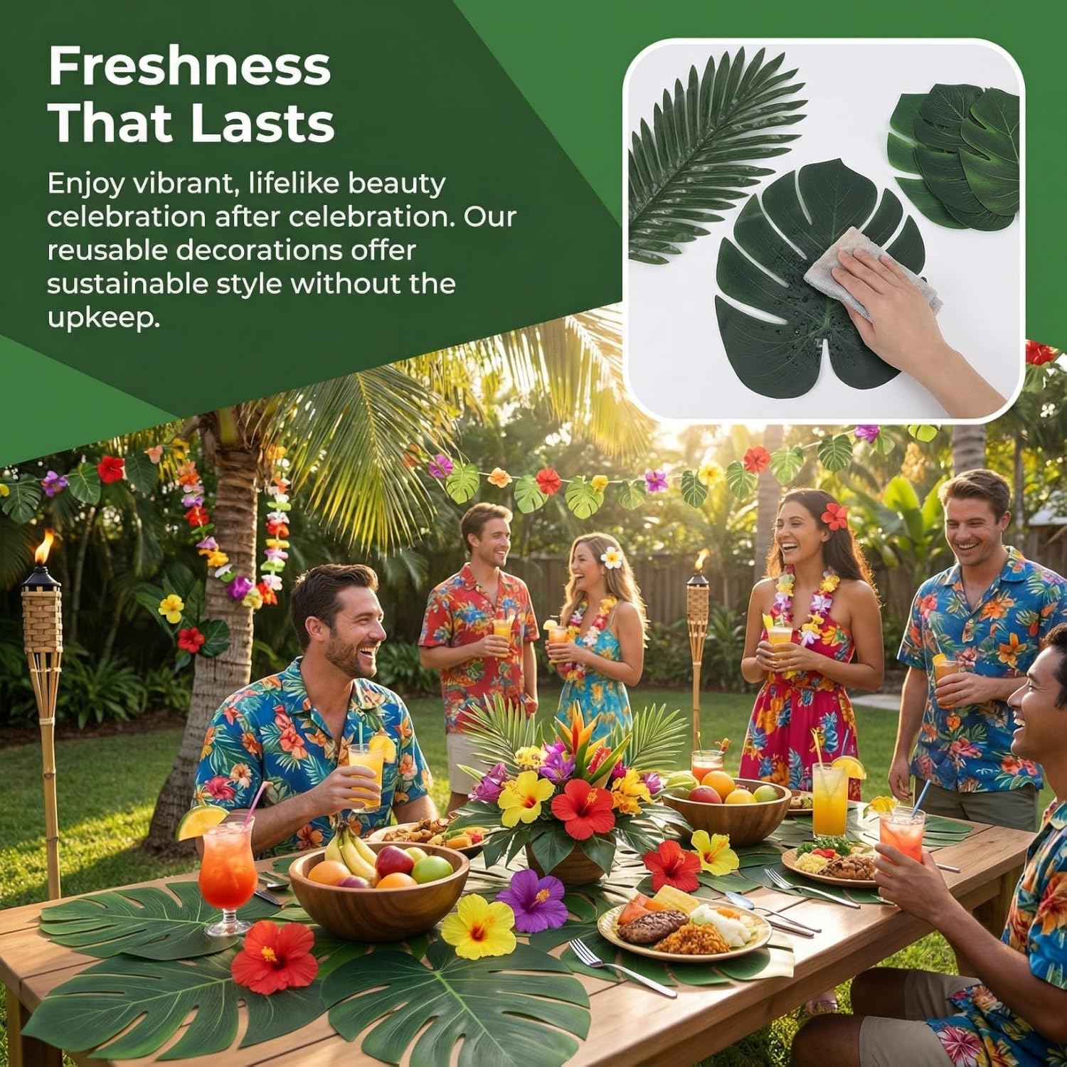 NUOBESTY 112pcs Artificial Palm Leaves with Stems Tropical Party Table Decorations Fake Hibiscus Flowers Monstera Leaf for Jungle Dinosaur Birthday Decor, Hawaiian Luau Supplies