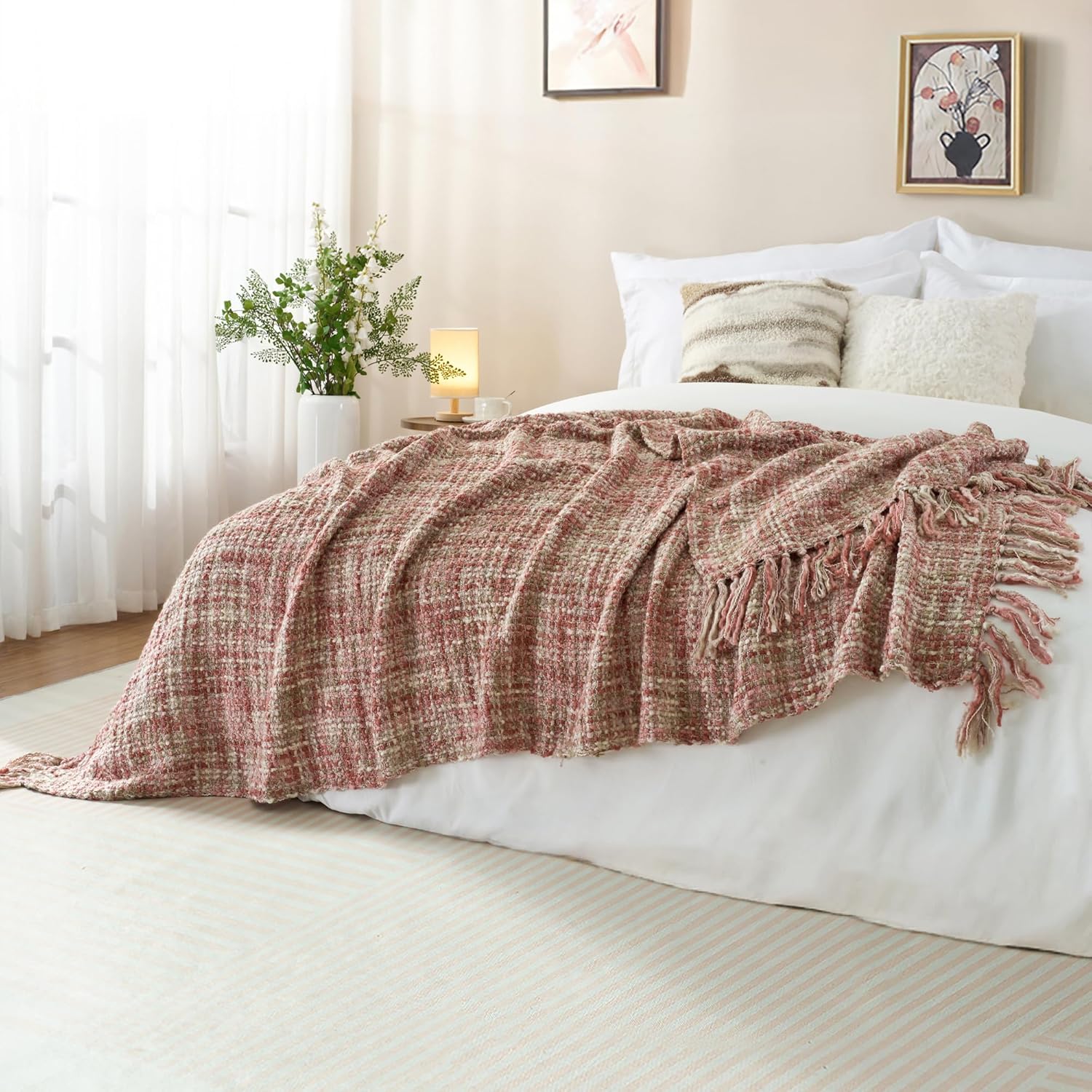 Multi-Color Light Pink Cable Knitted Throw Blanket for Couch,50"X60" Boho Style Textured Blankets for Home Decor,Super Soft Warm Cozy Chunky Knit Blanket with Decorative Tassels for Bed - Image 5
