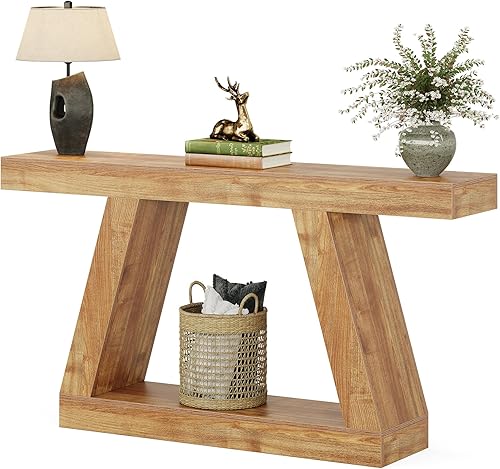 Miniatura 8 de Tribesigns Mesa consola de granja, mesa de sofá rústica de 55 pulgadas con almacenamiento, mesa de entrada de madera industrial para pasillo, sala