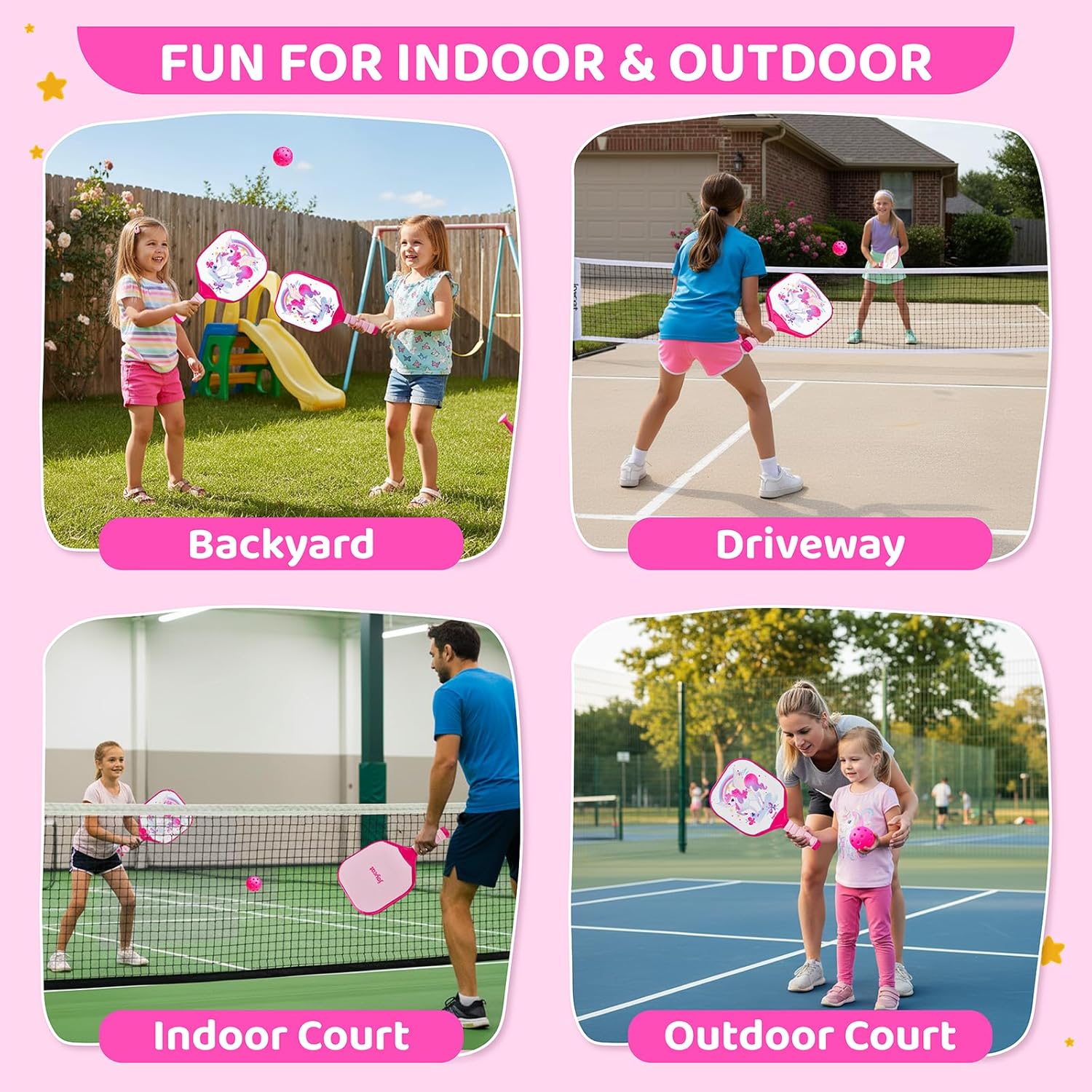 Joycat Kids Pickleball Paddles Set of 2, Lightweight Plastic Cute Pickleball Paddles with Small Grip, 2 Pickleballs, 1 Drawstring Bag,Indoor Outdoor Sport Gift for Kids,Beginner