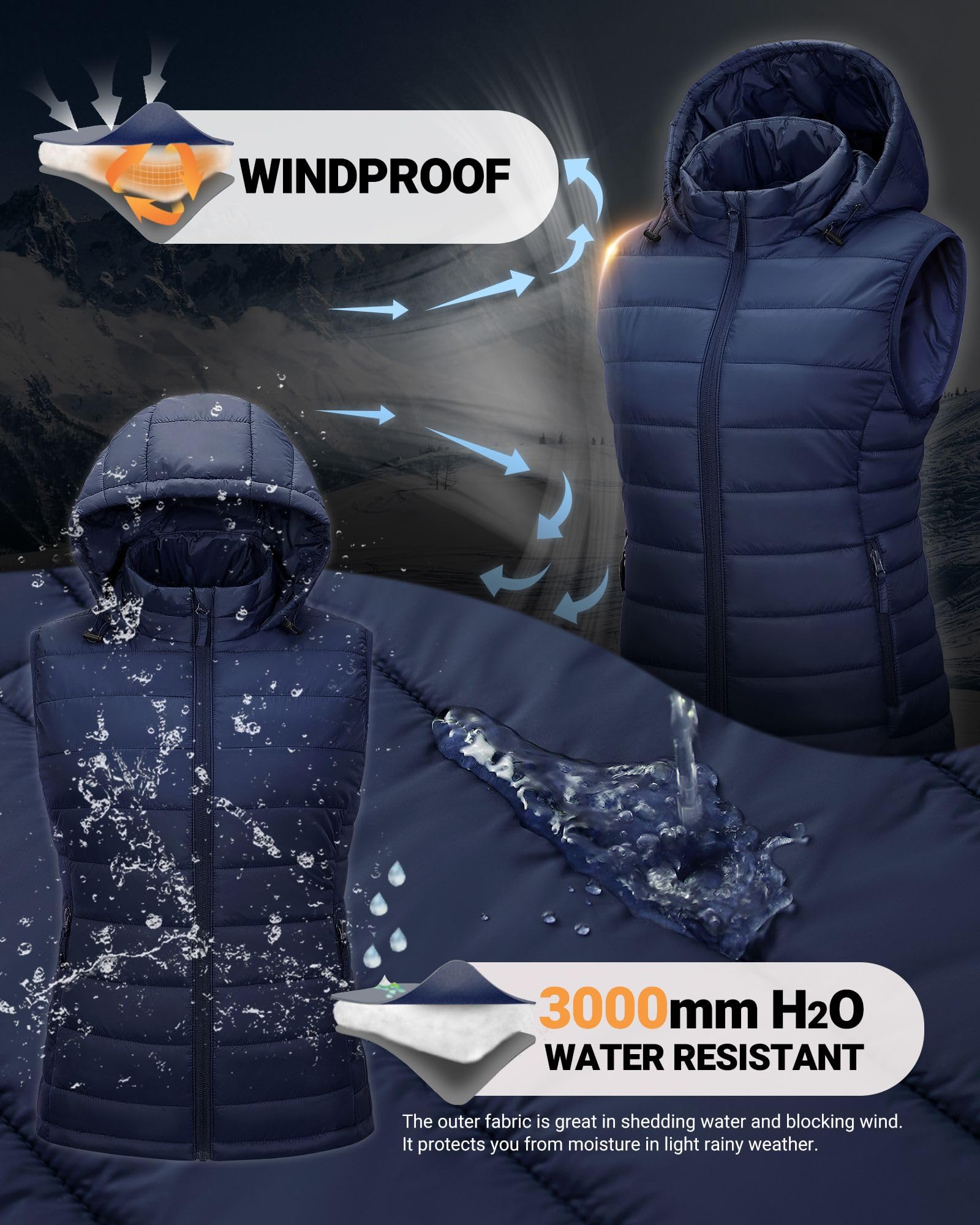 Outdoor Ventures Damska pikowana kamizelka z kapturem, pakowana, przejściowa kamizelka z podszewką, hybrydowa kamizelka sportowa, ciepła kamizelka rowerowa ze stójką, na wędrówki, kemping