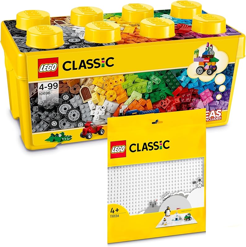 Boîte de briques Lego de taille moyenne + plaque blanche, Kit de démarrage pour enfants à partir de 4 ans