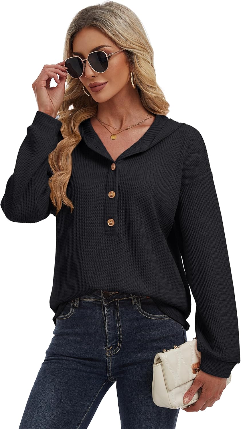 YUCOLEN Womens Waffle Shirt Trendy Cotton Waffle Knit Hoodies Oversized Sweatshirt Casual Waffle Knit Top - Image 5