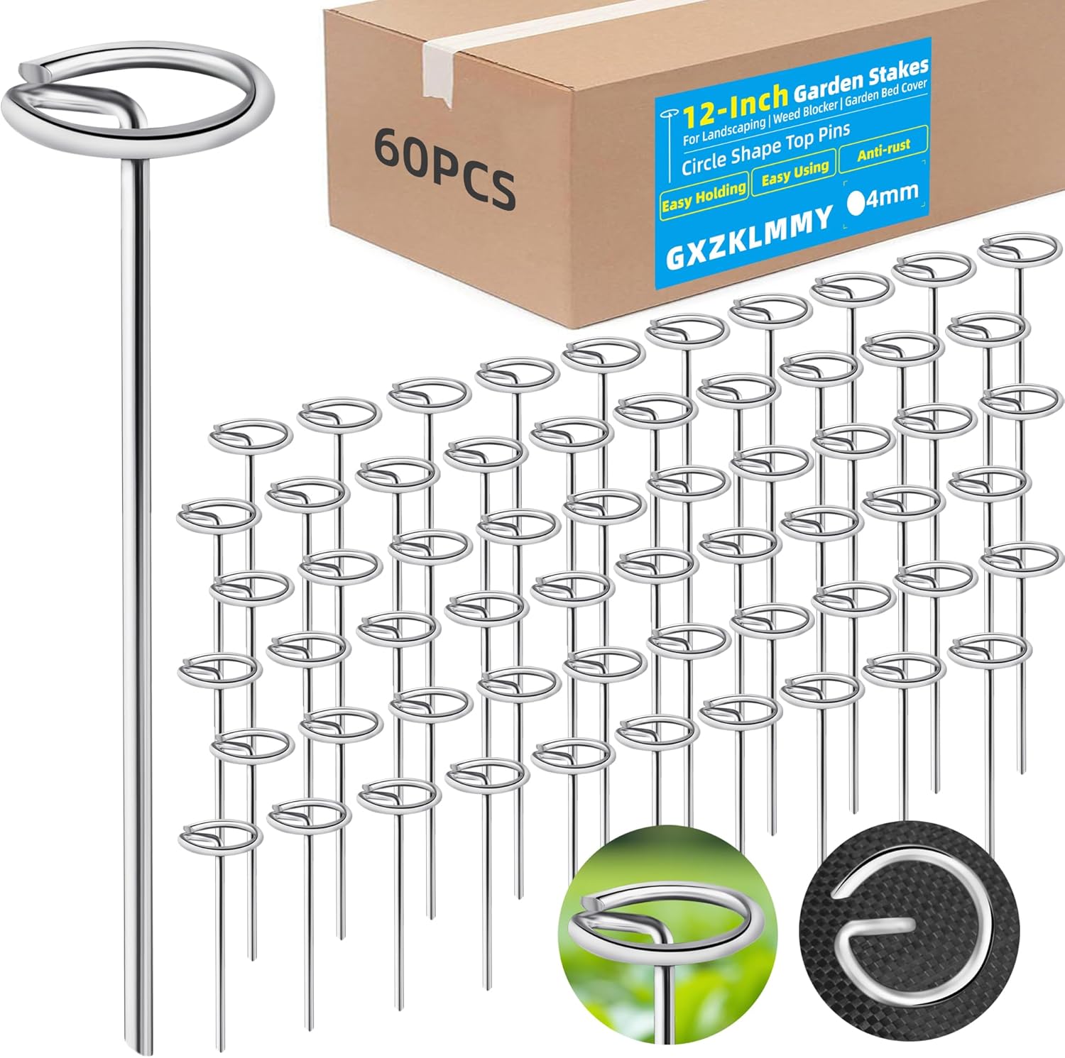 12 Inch 60Pcs Thick 8 Gauge 0.16 in Circle Top Landscape Fabric Pins Hard Holding,Galvanized Landscape Fabric Stakes, for Tent, Weed Barrier Fabric, Plant Cover,Landscape Pins Stronger Not Easy Bend