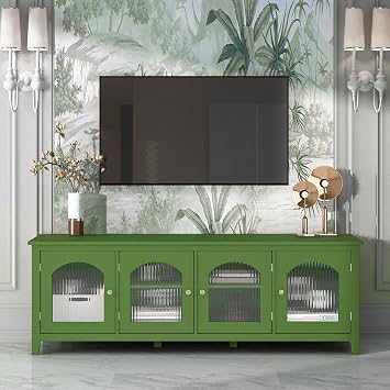 71-inchstylishTVcabinet Entertainment CenterTV stand,TVConsoleTable, Media Console,solidwood frame,Changhong glass door,Metal handle,antique green,canbeplacedin the childrens room,bedroom Living Room
