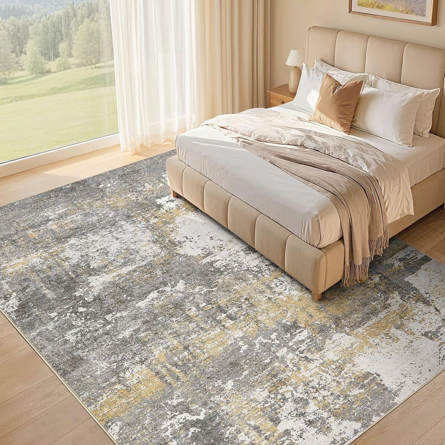 Tapis lavable et antidérapant abstrait moderne 150x150 cm jaune