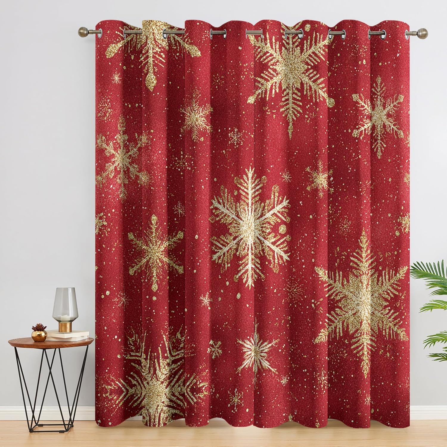 Gold Snowflake Blackout Curtains, Red Christmas Curtains for Bedroom Living Room - Xmas Holiday Decor Window Treatments 84 Inch Length, Grommet Drapes 2 Panels Set