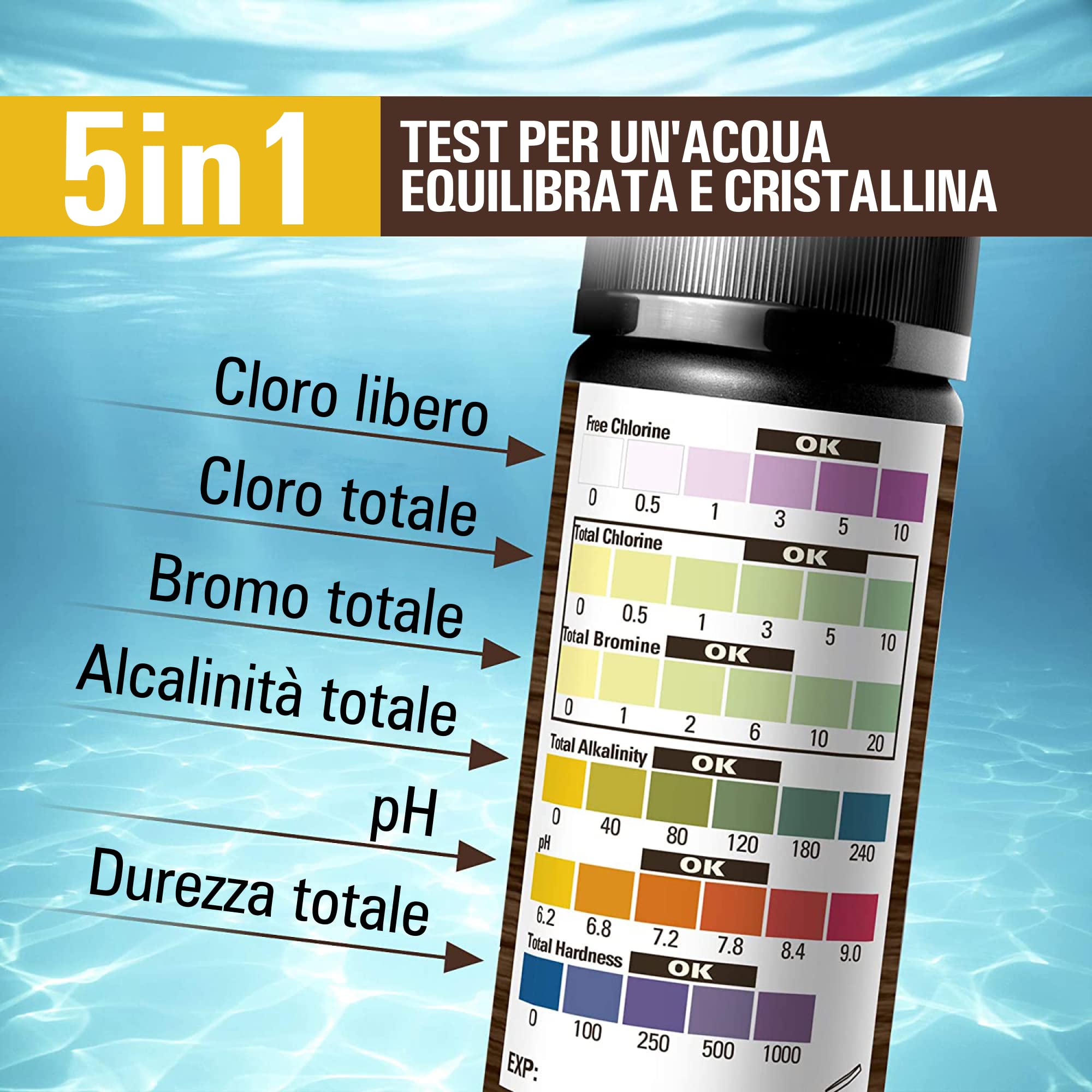 Well2wellness Strisce Reattive Per Piscina 5 In 1 - 50 Pezzi, Test Rapido Per Cloro, Bromo, PH, Alcalinità E Durezza Dell'Acqua - 4