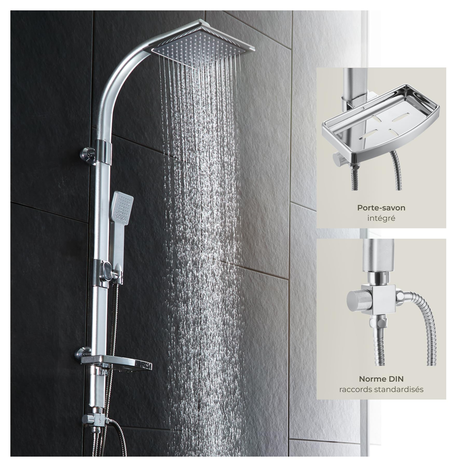 tectake® Colonne de douche 49 x 20 x 110 cm, Colonne salle de bain en Aluminium, Tete de douche et Douchette, Anti calcaire, Pommeau de douche, Effet pluie, Raccordements DIN, Baignoire, Salle de bain