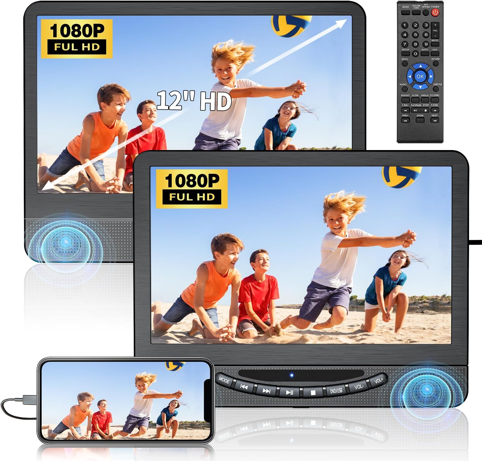 12.5" Portable DVD Player for Car, Car DVD Player Dual Screen with 1080P HD HDMI Input 5-Hour Rechargeable Battery(1 Player+1 Monitor)