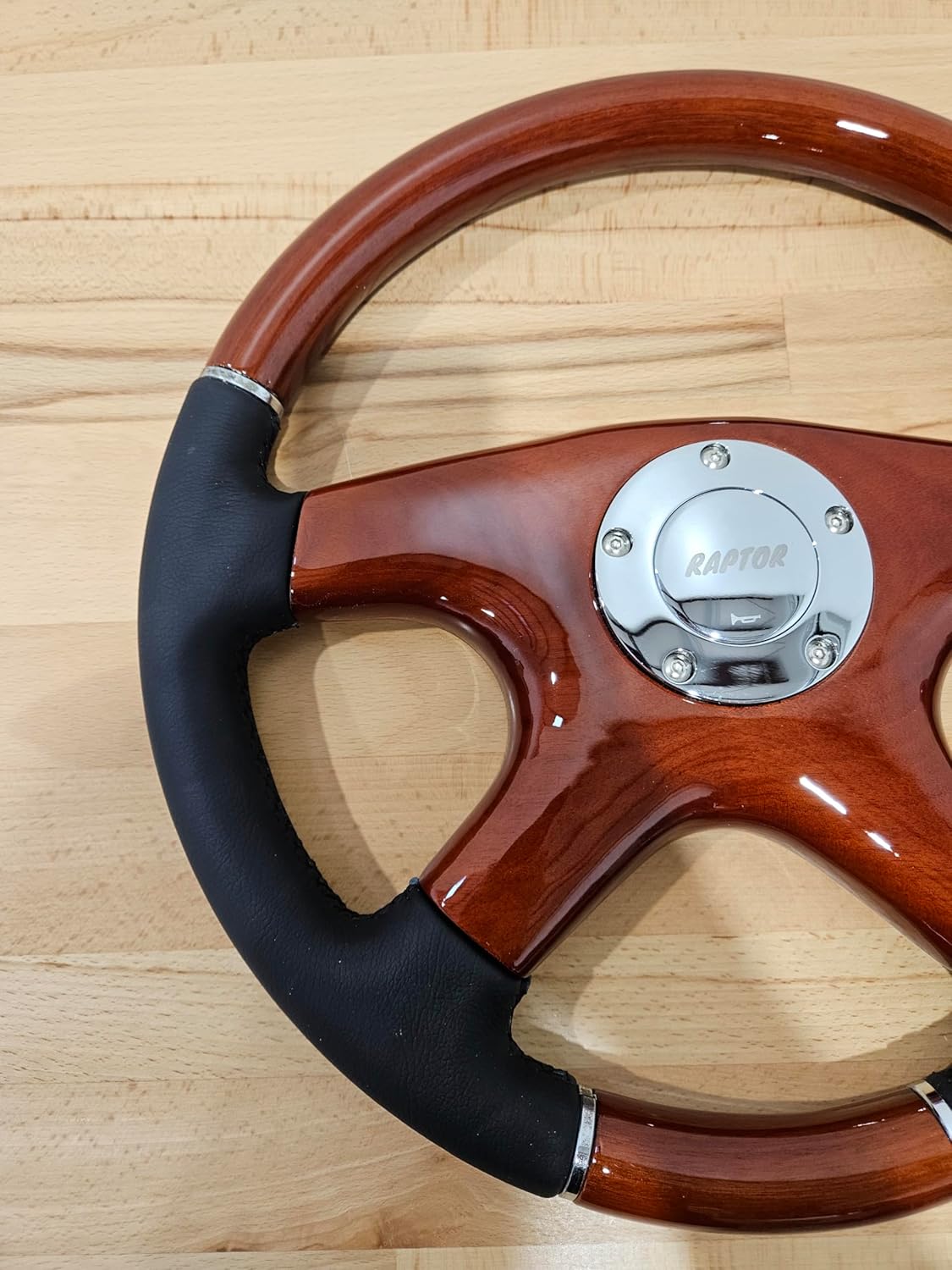 Raptor 15" Mahogany Wood & Black Leather Steering Wheel (Silver)