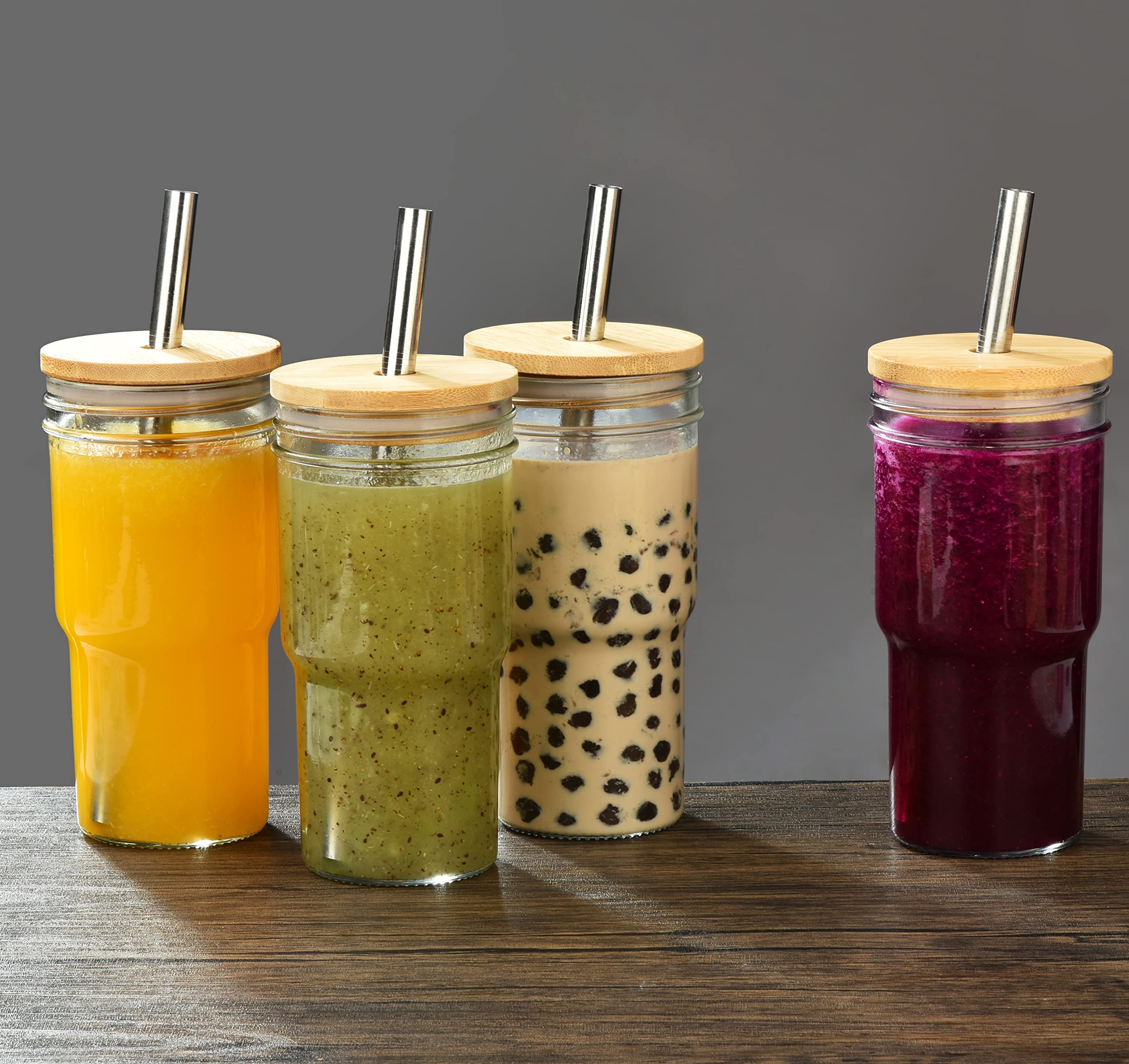 ALINK Lot de 4 tasses à thé à bulles réutilisables, à large ouverture de 650 ml, tasse à café glacé, smoothie, gobelet avec couvercle et paille, gobelet Mason Jar