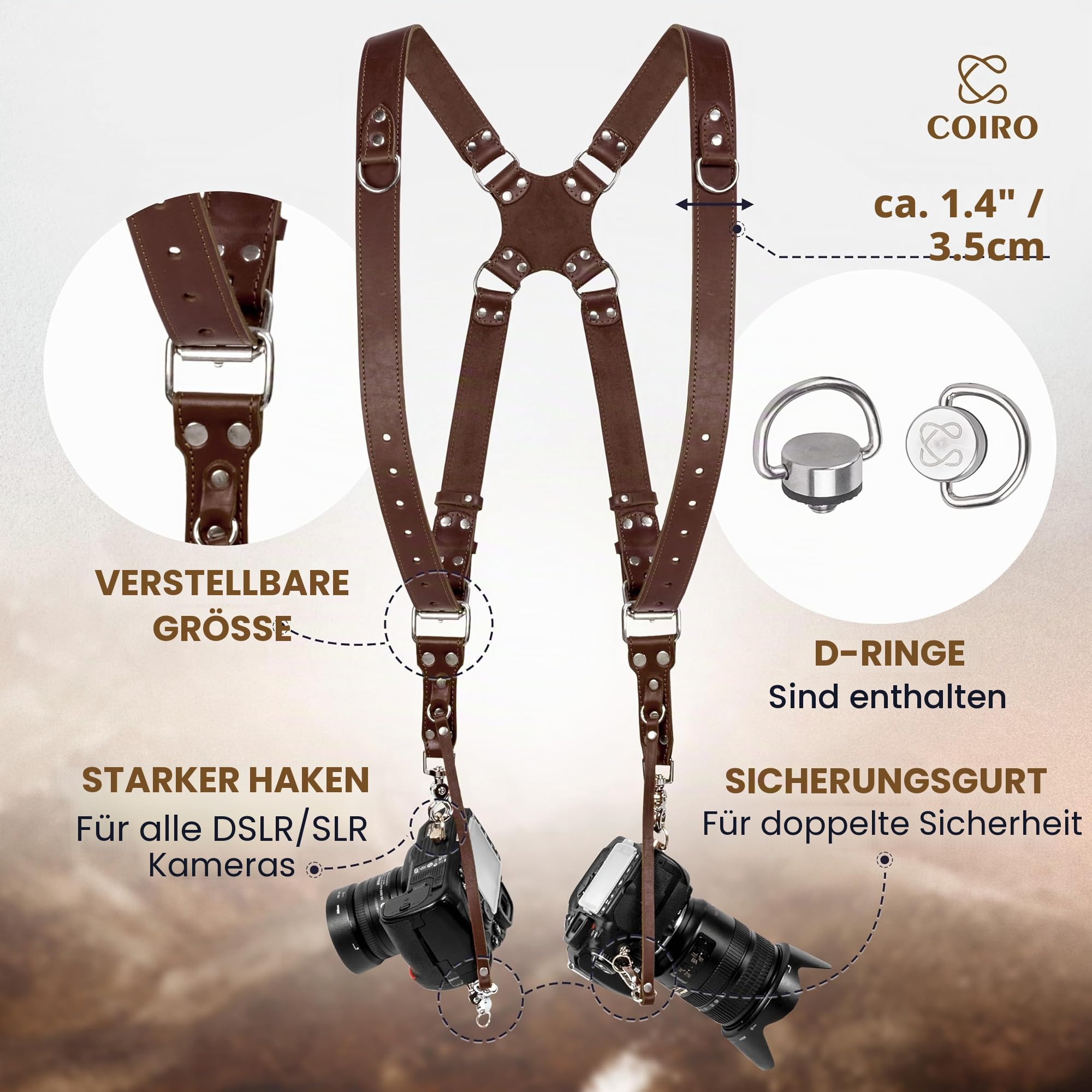 C Coiro Kameragurt für 2 Kameras mit doppeltem Tragegurt aus Leder und verstellbarem Schultergurt Ledergurt DSLR/SLR